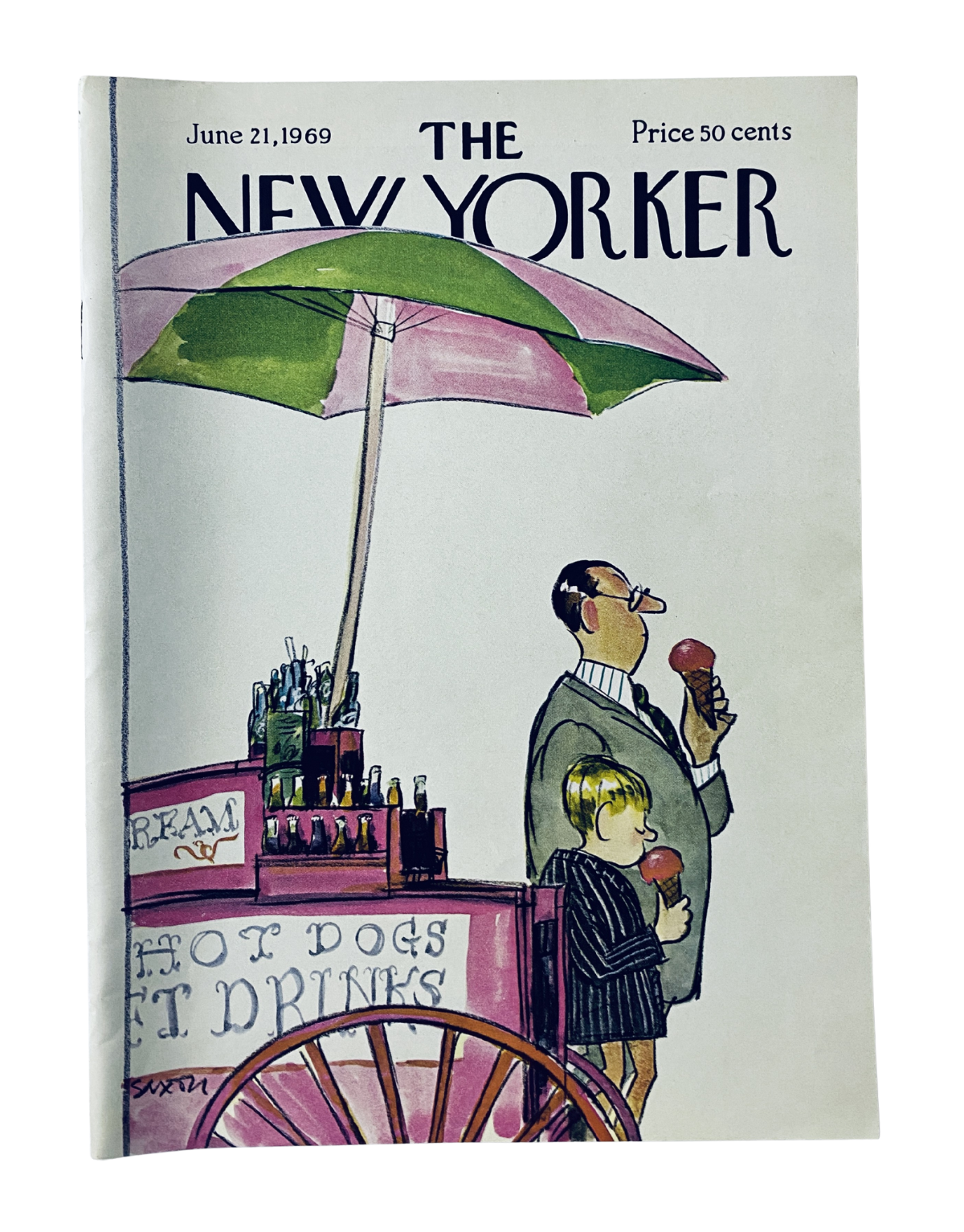 Cover of The New Yorker Magazine June 21, 1969, featuring an illustration by Charles Saxon of a man and a child enjoying ice cream by an ice cream cart.