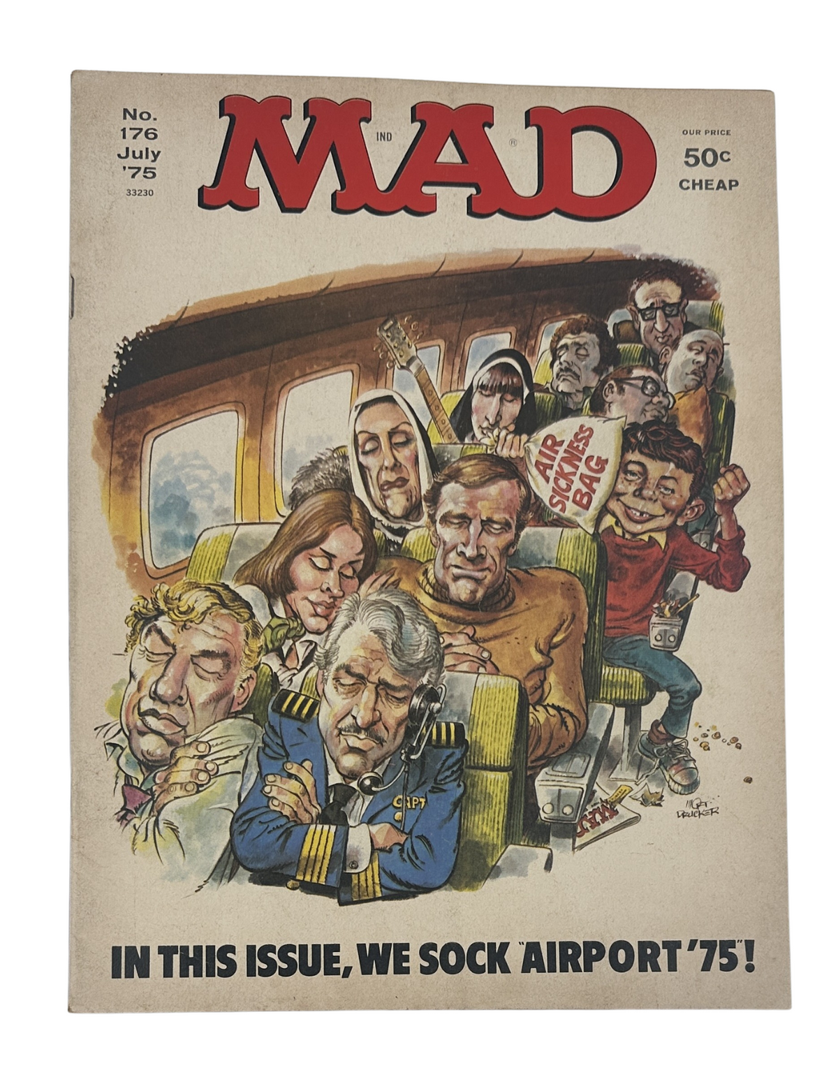 MAD Magazine No. 176 July 1975 cover featuring a satirical illustration of passengers in an airplane, illustrating the theme 'Airplot '75'. This issue is graded Fine (FN 6.0).