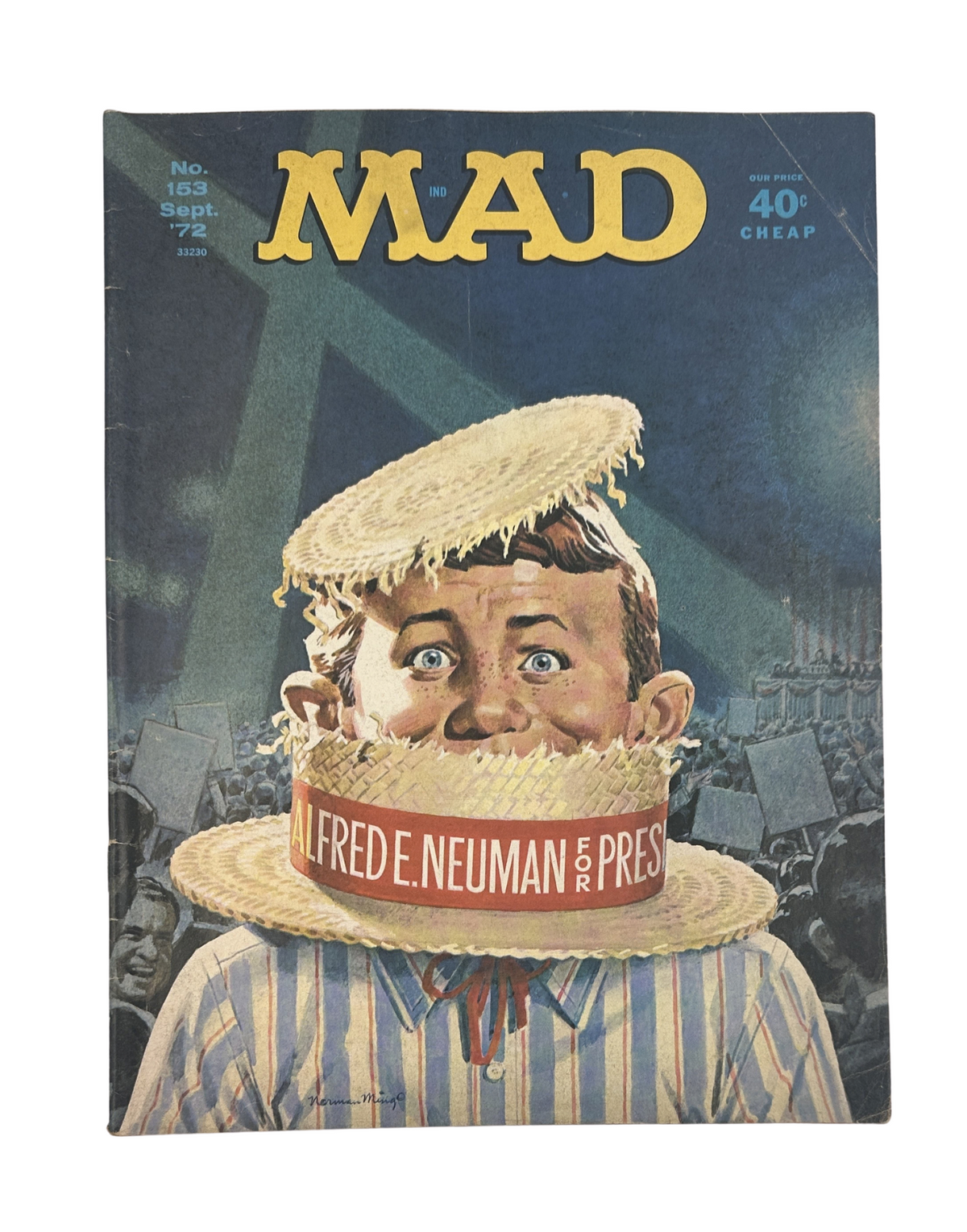 Cover of MAD Magazine No. 153, September 1972 featuring the character Alfred E. Neuman wearing a straw hat. The magazine, titled "Dirty Larry", showcases a humorous illustration associated with the iconic comic brand.
