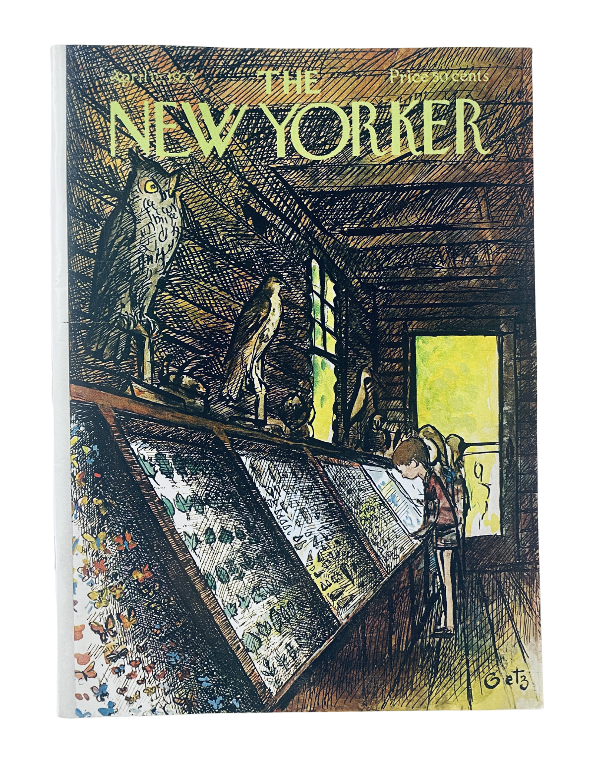 The New Yorker Magazine April 15, 1972 cover featuring an owl exhibit illustration by Arthur Getz, showcasing a child and birds in a naturalistic setting.