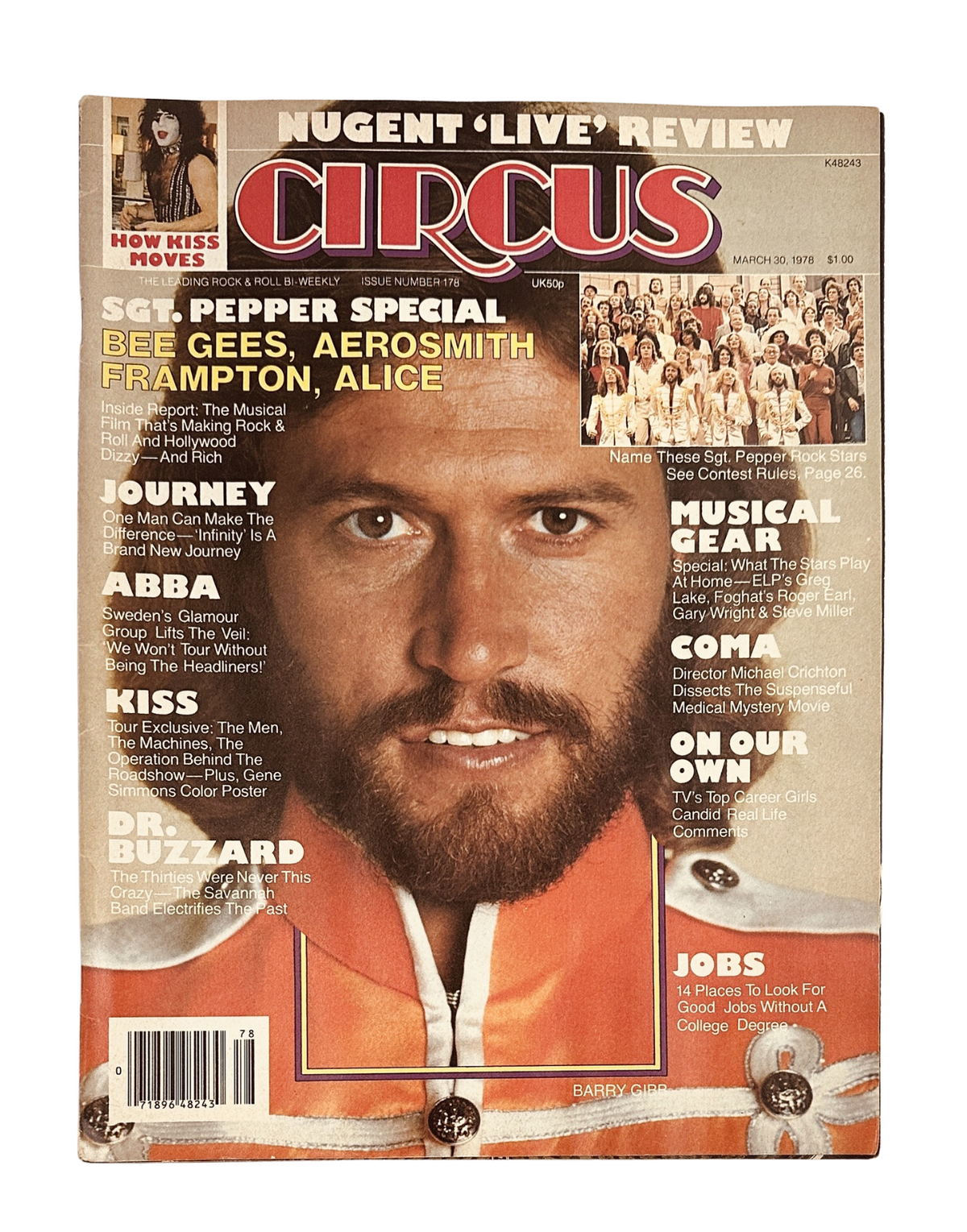 Circus Magazine cover from March 30, 1978, featuring highlights on Sgt. Pepper, Kiss, ABBA, Journey, and Aerosmith. It showcases prominent artists and a retro design, ideal for music magazine collectors.