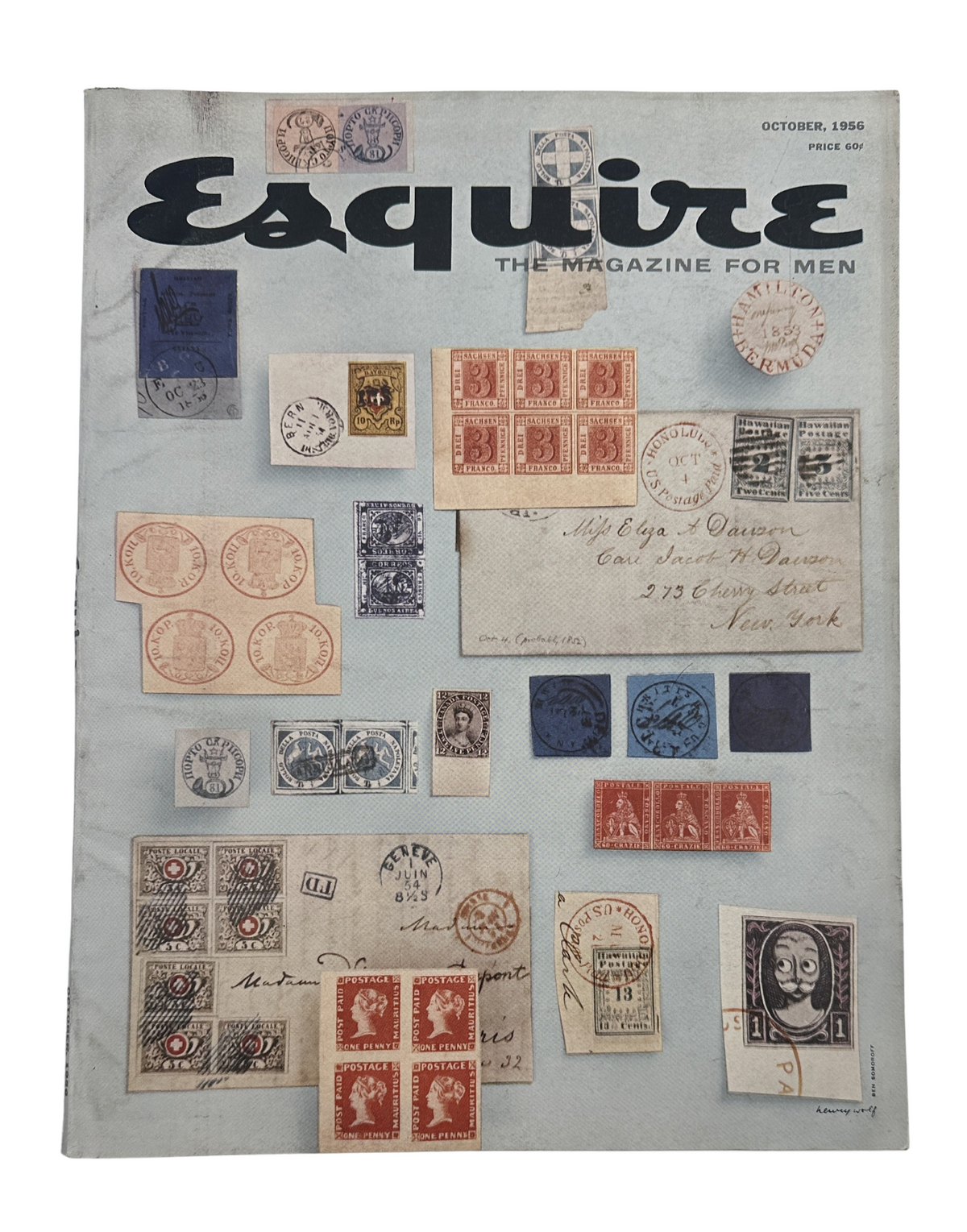Esquire Magazine October 1956 cover featuring a collection of vintage stamps and postal history artifacts with a classic design.