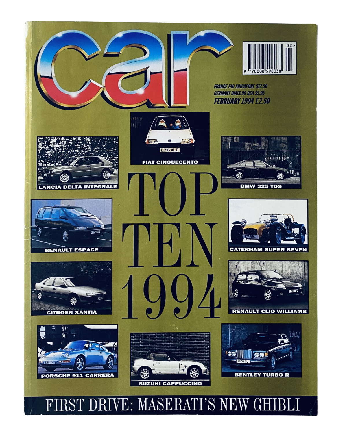 Cover of Car Magazine February 1994 featuring the Top Ten cars of 1994, including Fiat Cinquecento, Lancia Delta Integrale, BMW 325 TDS, and more. The issue highlights the first drive of the Maserati Ghibli.