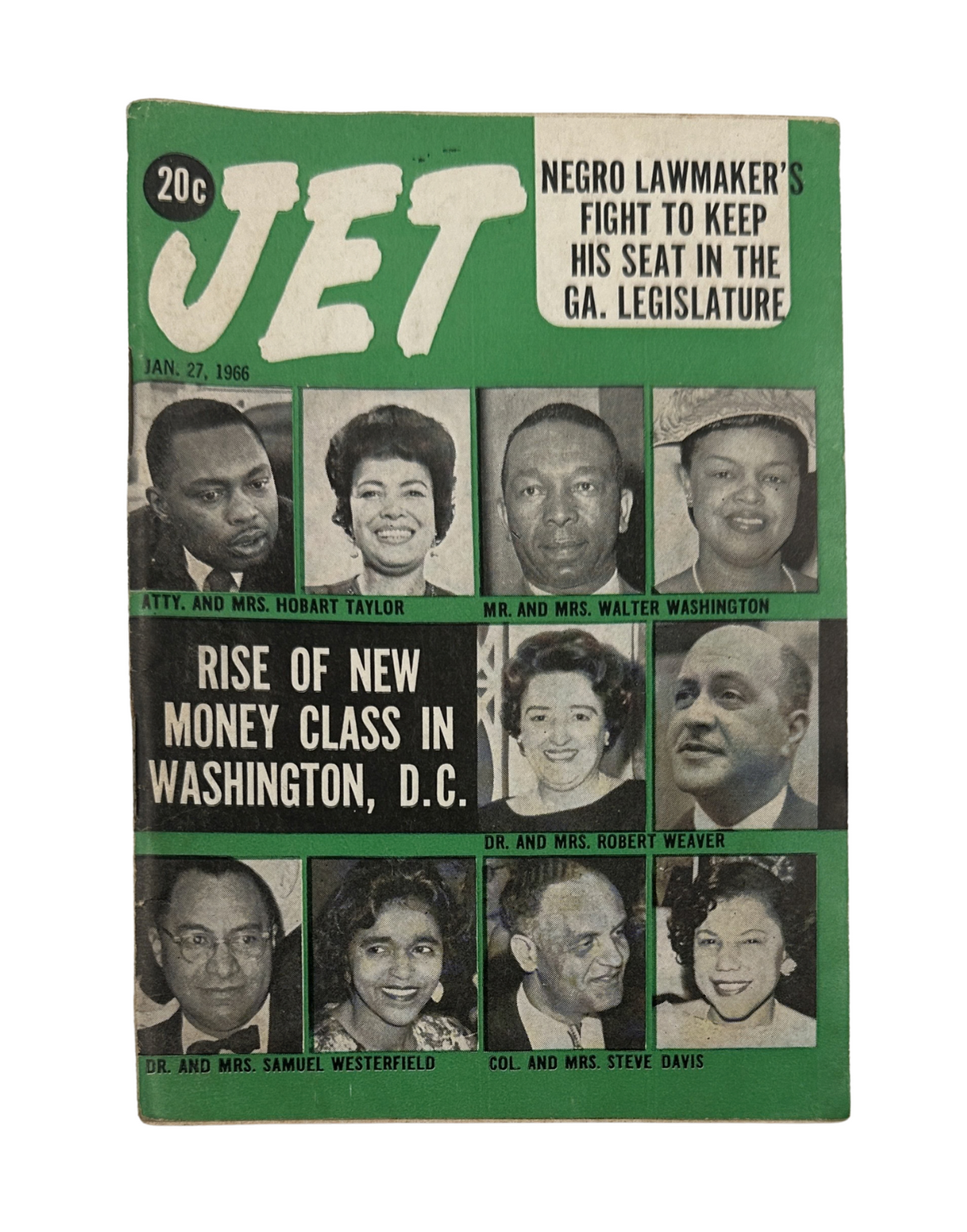Cover of Jet Magazine from January 27, 1966, featuring the title 'Rise of New Money Class Washington D.C' with images of notable individuals including Atty. and Mrs. Hobart Taylor, Mr. and Mrs. Walter Washington, Dr. and Mrs. Robert Weaver, and others.