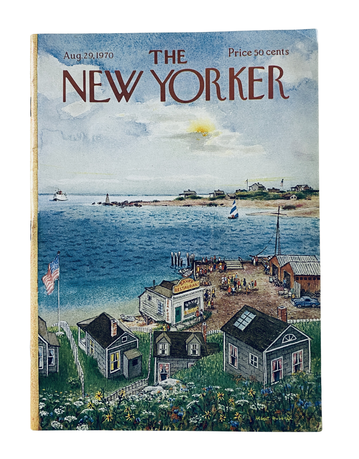 The New Yorker Magazine August 29, 1970 cover featuring a coastal harbor village illustration by A. Hubbell, showcasing colorful houses and a serene seaside landscape.