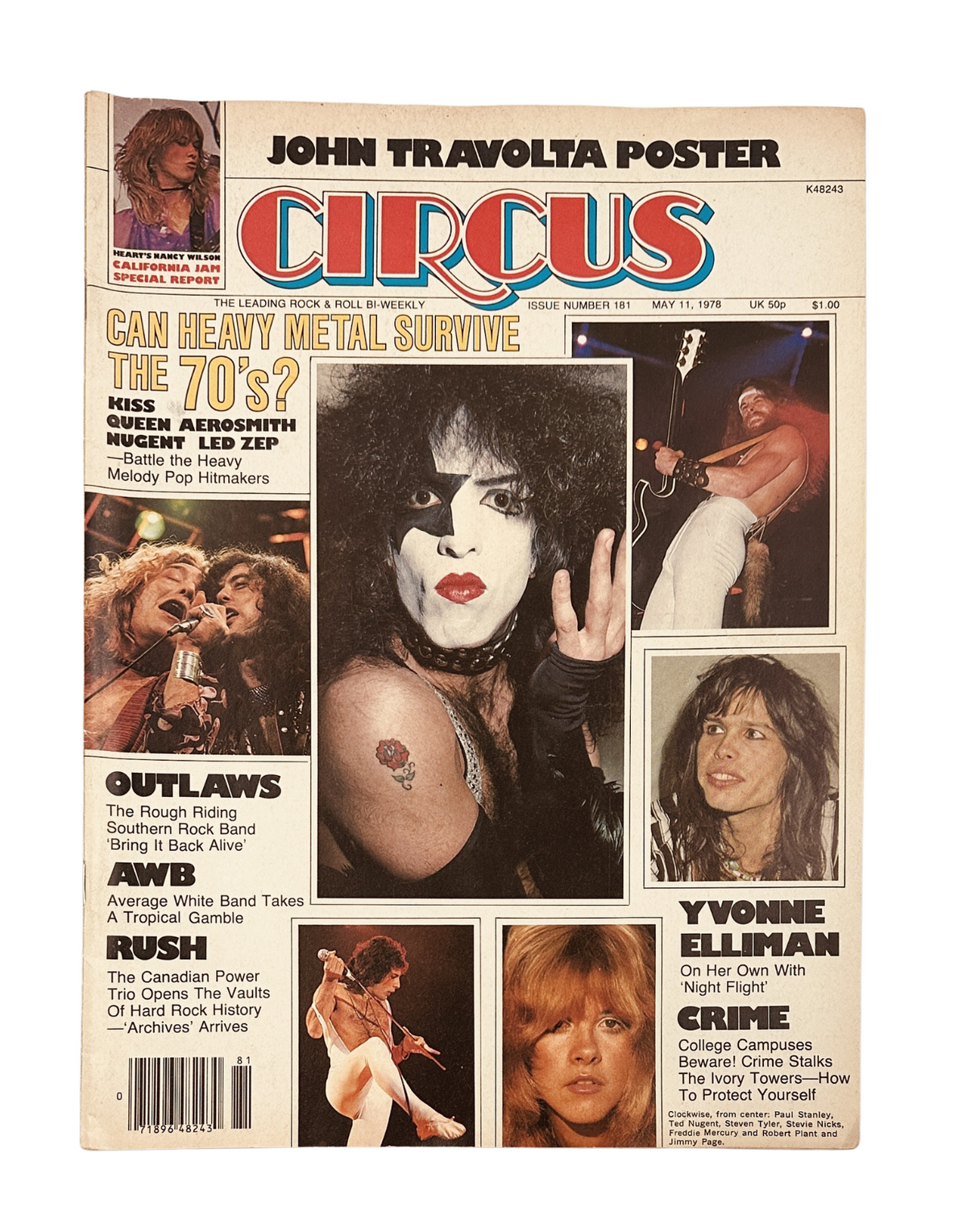 Cover of Circus Magazine from May 11, 1978 featuring Kiss, Queen, Aerosmith, and Rush with Yvonne Elliman. Includes a headline questioning the survival of heavy metal and a John Travolta poster.