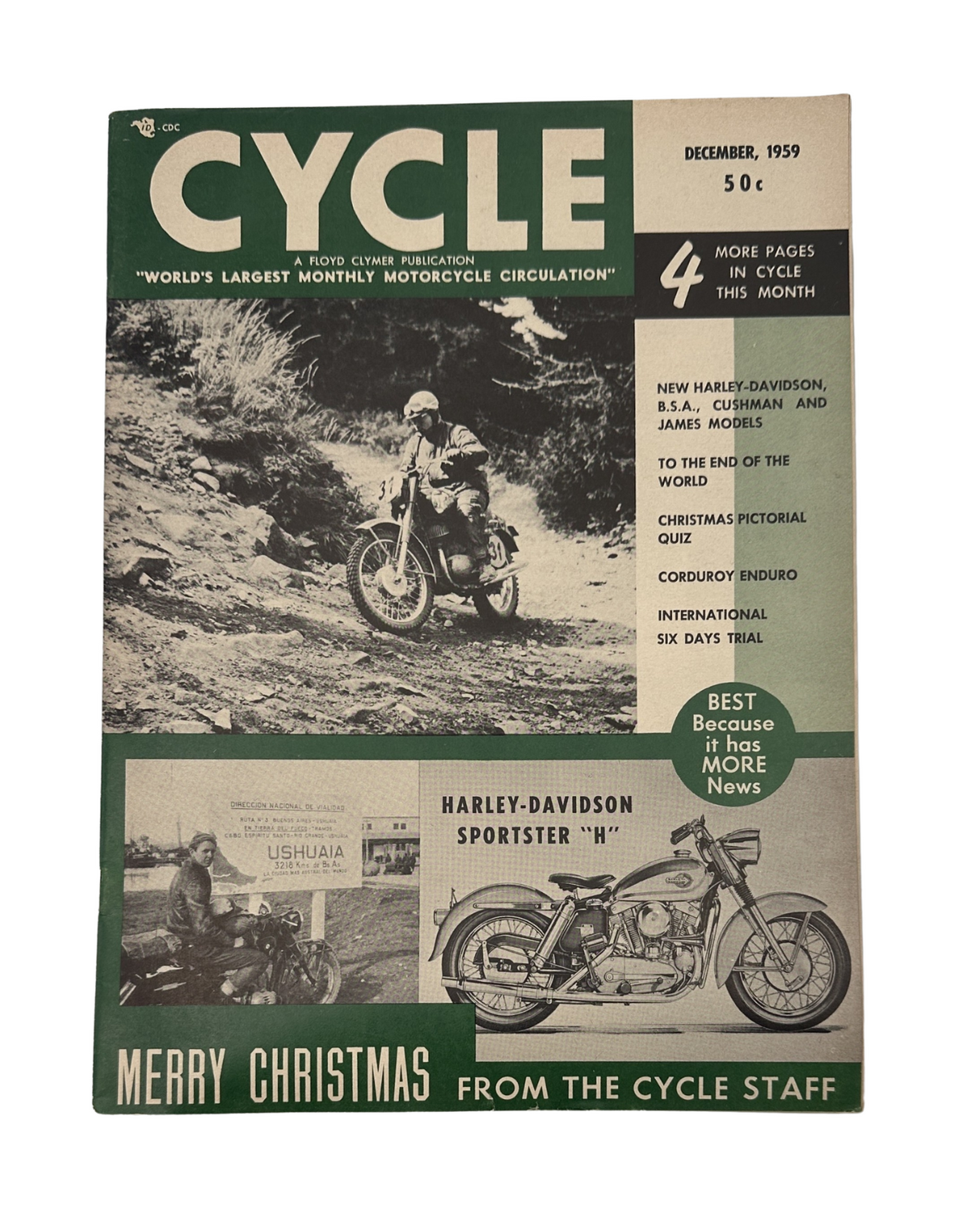 Cycle Magazine December 1959 featuring Harley-Davidson Sportster, BSA, and Cushman on the cover, showcasing a motorcyclist on a trail and classic motorcycle imagery. An issue that includes motorcycle news and features.