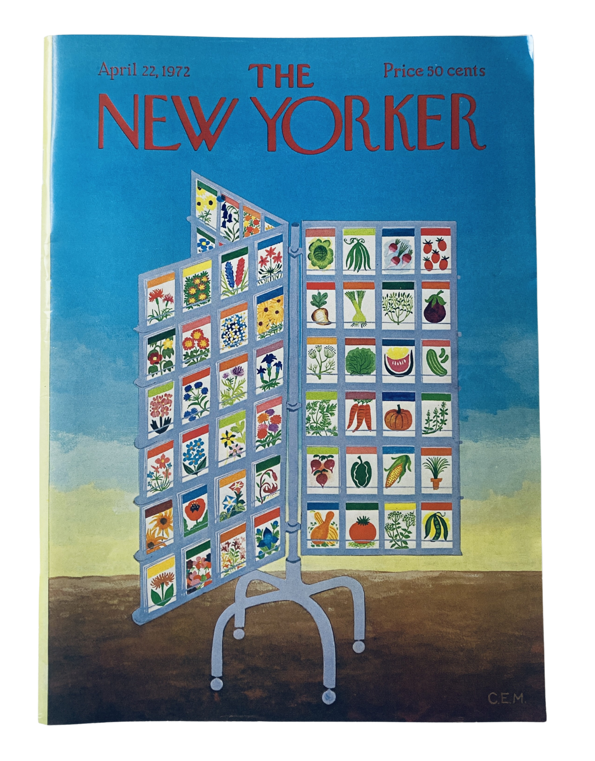 The New Yorker Magazine cover from April 22, 1972, featuring a vibrant illustration of a fruits packet display by C. Martin.