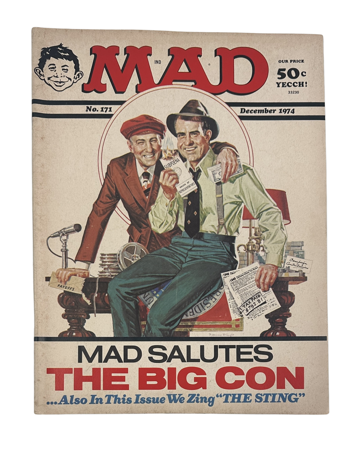Cover of MAD Magazine No. 171 from December 1974, featuring a comedic illustration of two characters saluting 'The Big Con' with the tagline 'MAD SALUTES THE BIG CON' and notable referencing to the movie 'The Sting'.