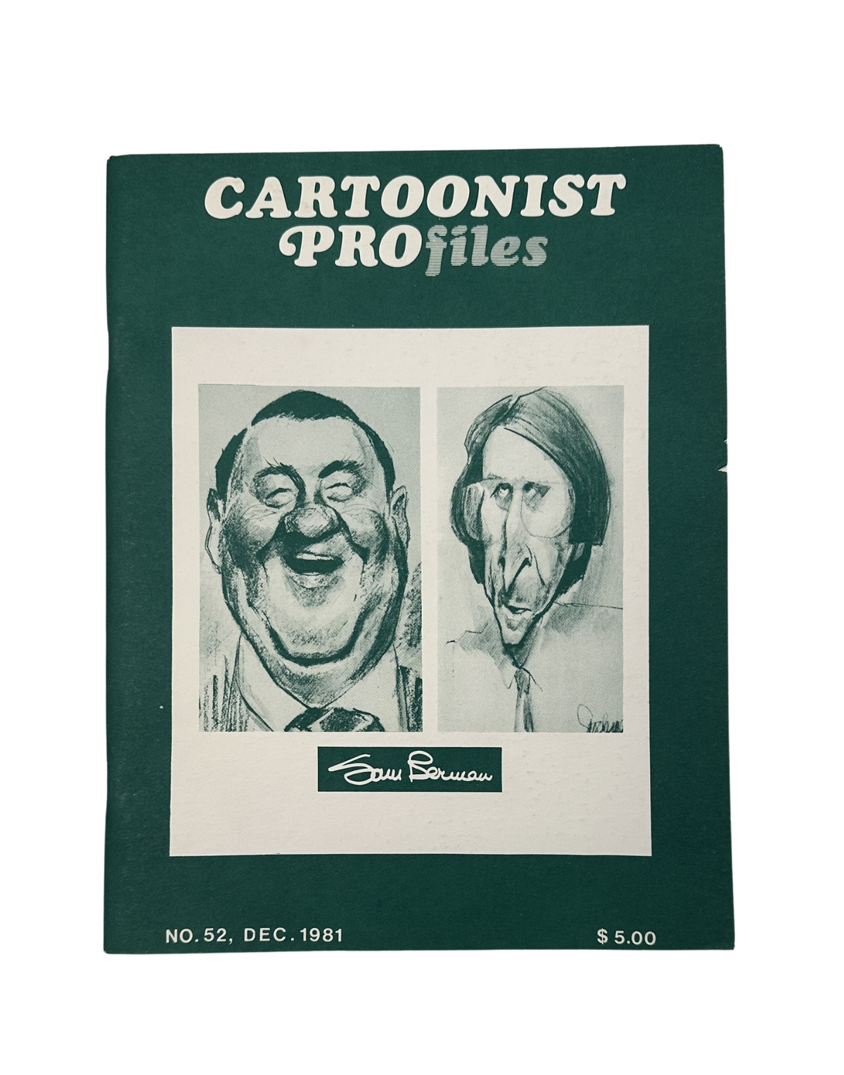 Cover of Cartoonist Profiles Magazine December 1981 featuring caricatures of Sam Berman and a woman, highlighted by a green background.
