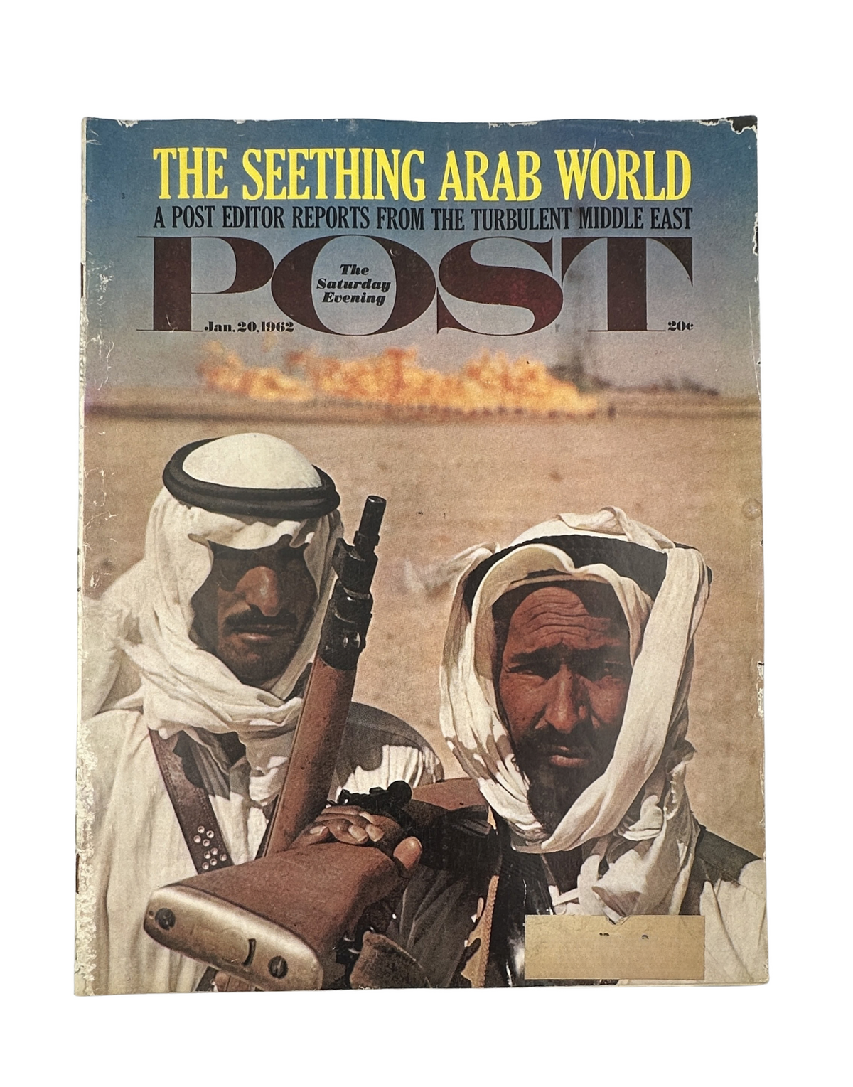 Cover of Saturday Evening Post Magazine January 20, 1962 featuring the title 'The Seething Arab World' with photograph depicting two men in traditional attire, highlighting the turbulent Middle East.