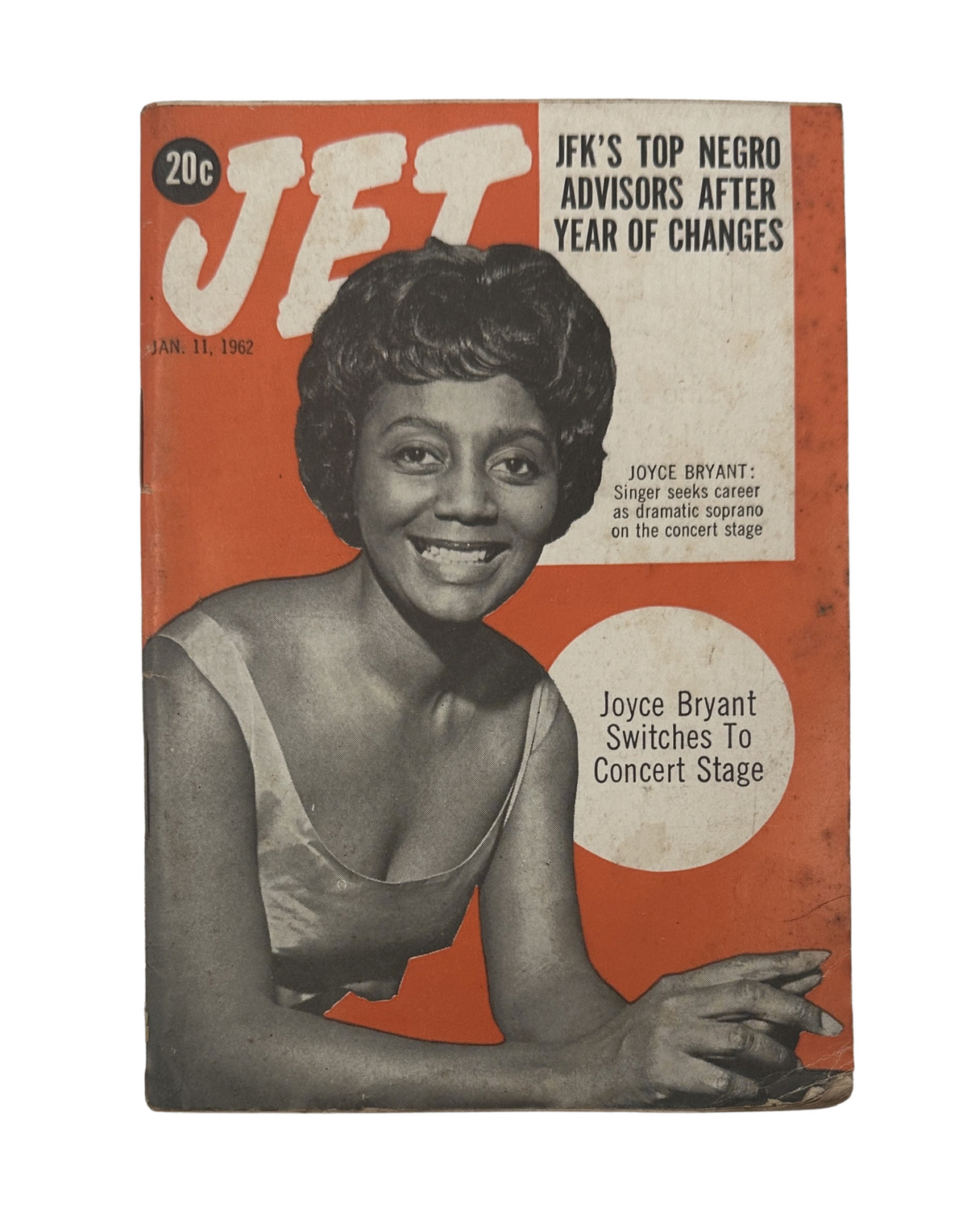 Jet Magazine cover from January 11, 1962 featuring Joyce Bryant, with the title 'JFK's Top Negro Advisors After Year of Changes'. The cover highlights Joyce Bryant's transition to a concert stage career.