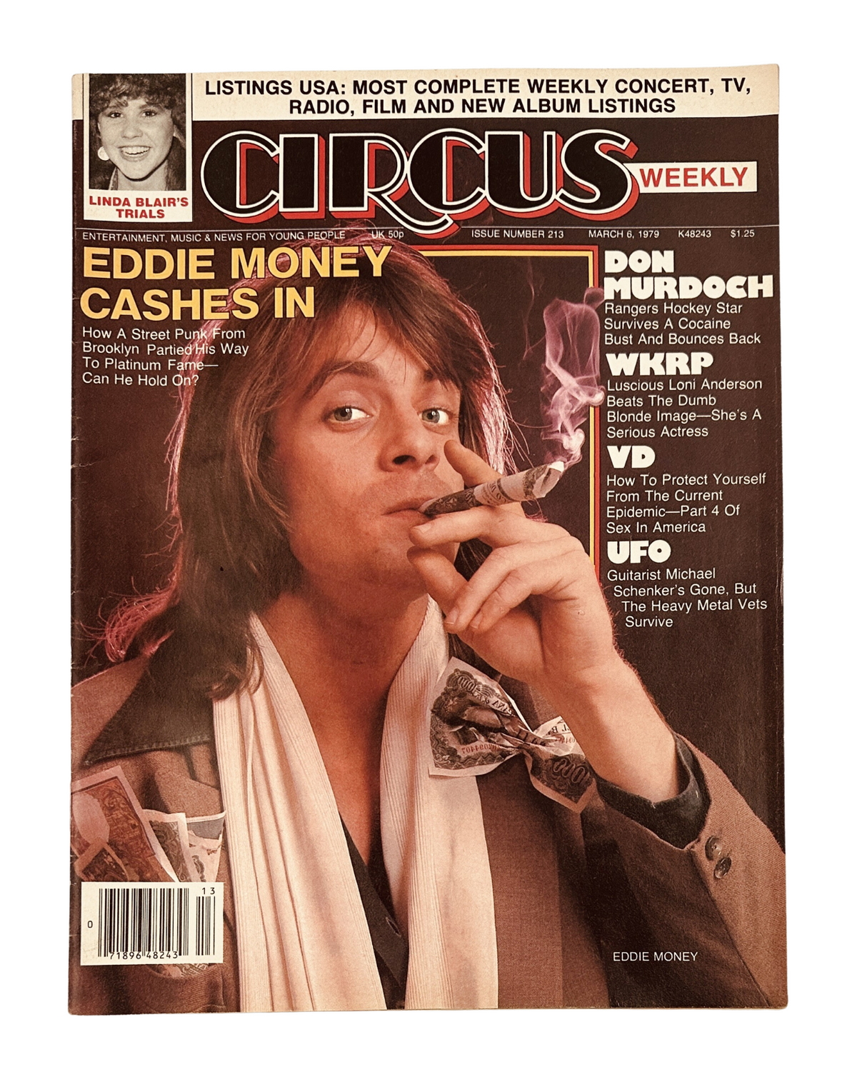 Cover of Circus Weekly Magazine, March 6, 1979, featuring Eddie Money with a cigar. The magazine includes articles about Linda Blair, UFO, and WKRP in Cincinnati, showcasing entertainment and music news of that era.