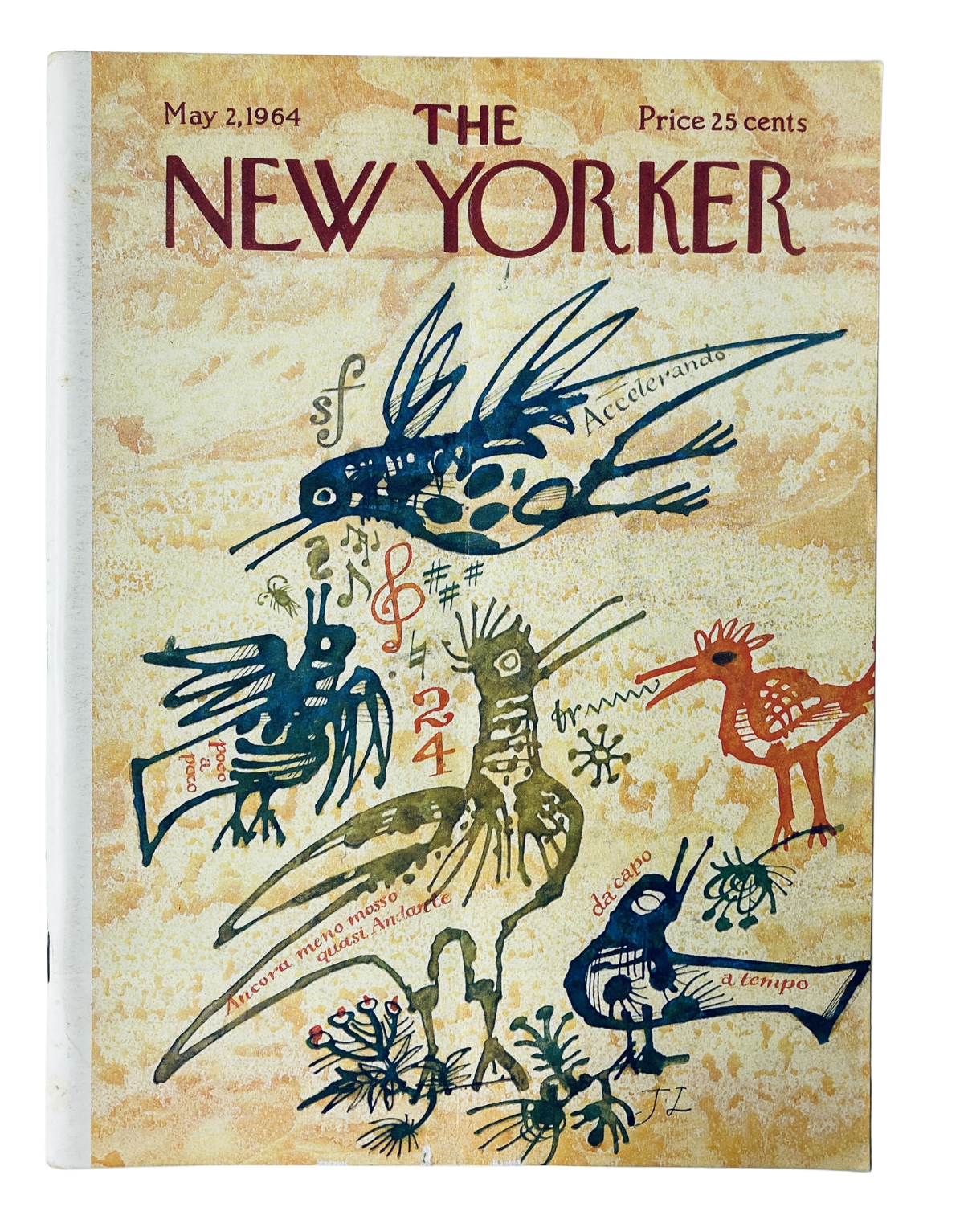 The New Yorker Magazine May 2, 1964 cover featuring abstract art of musical birds by Joseph Low, showcasing vibrant illustrations with a vintage aesthetic.