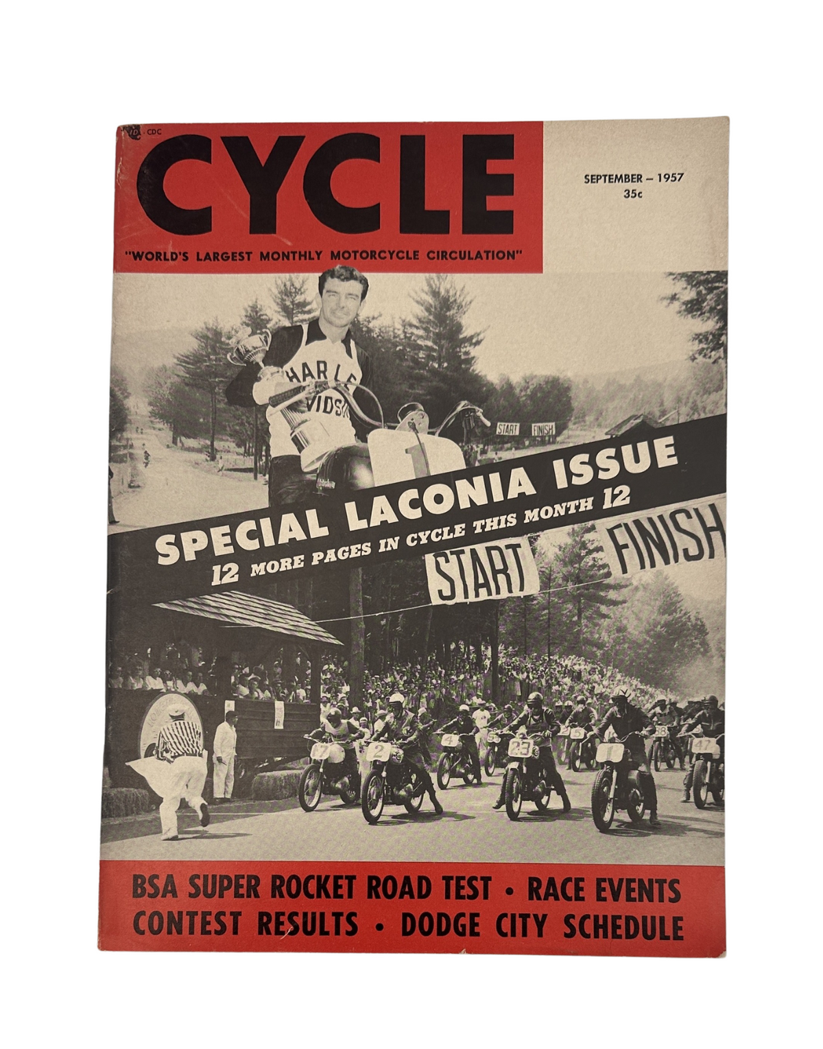Cycle Magazine September 1957 cover featuring the Laconia BSA Super Rocket, Isle of Man TT highlights, and race event details.