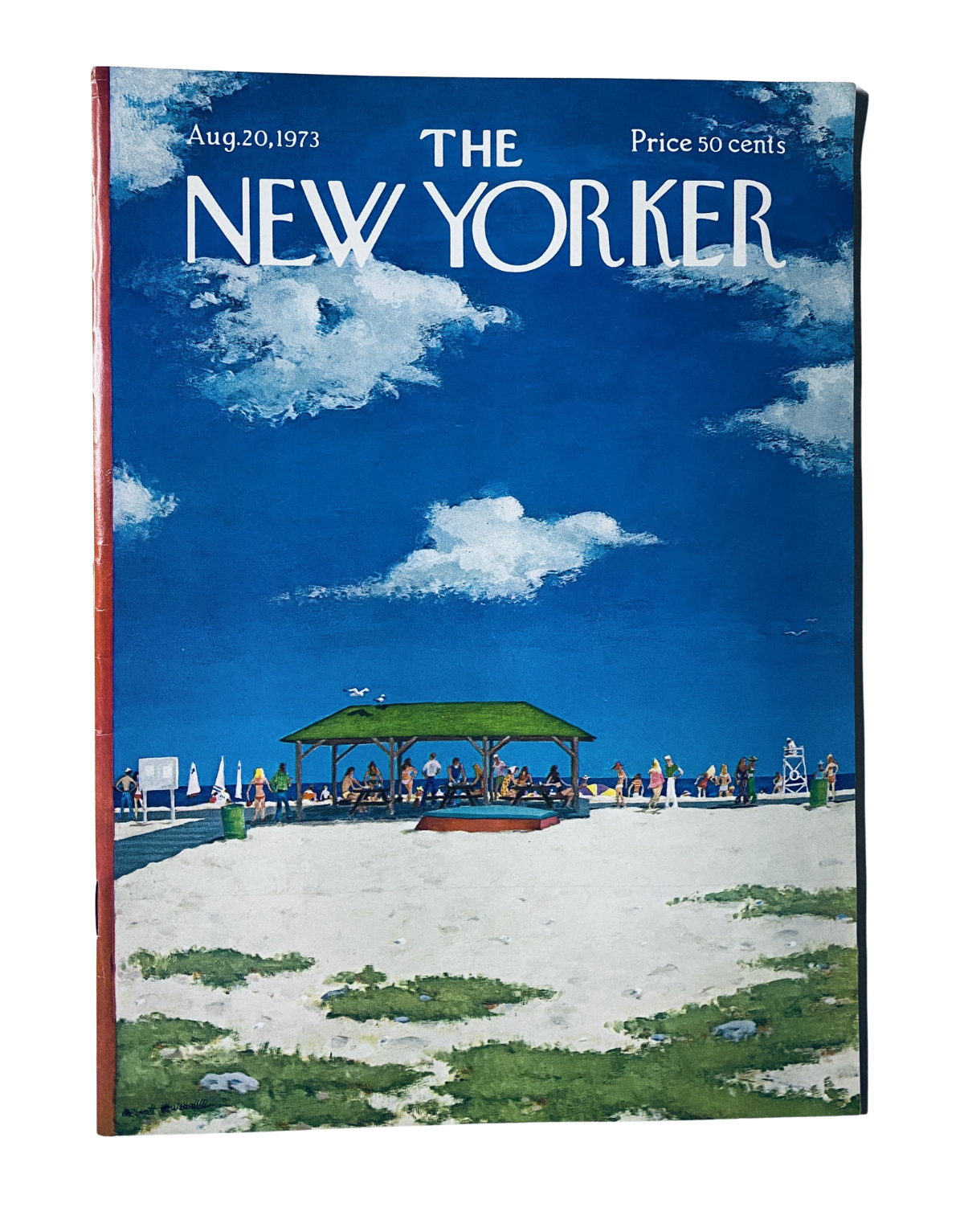 The New Yorker Magazine August 20, 1973 cover featuring a vibrant beach pavilion scene by artist Albert Hubbell, capturing a lively summer gathering under a clear blue sky.