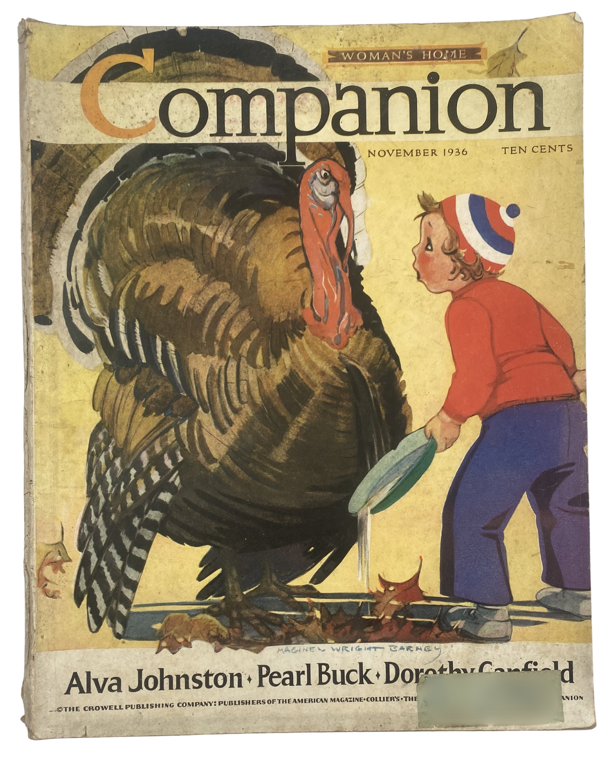 Cover of Woman’s Home Companion Magazine from November 1936 featuring artwork of a large turkey and a child. This issue includes contributions from Pearl Buck and Alva Johnston.