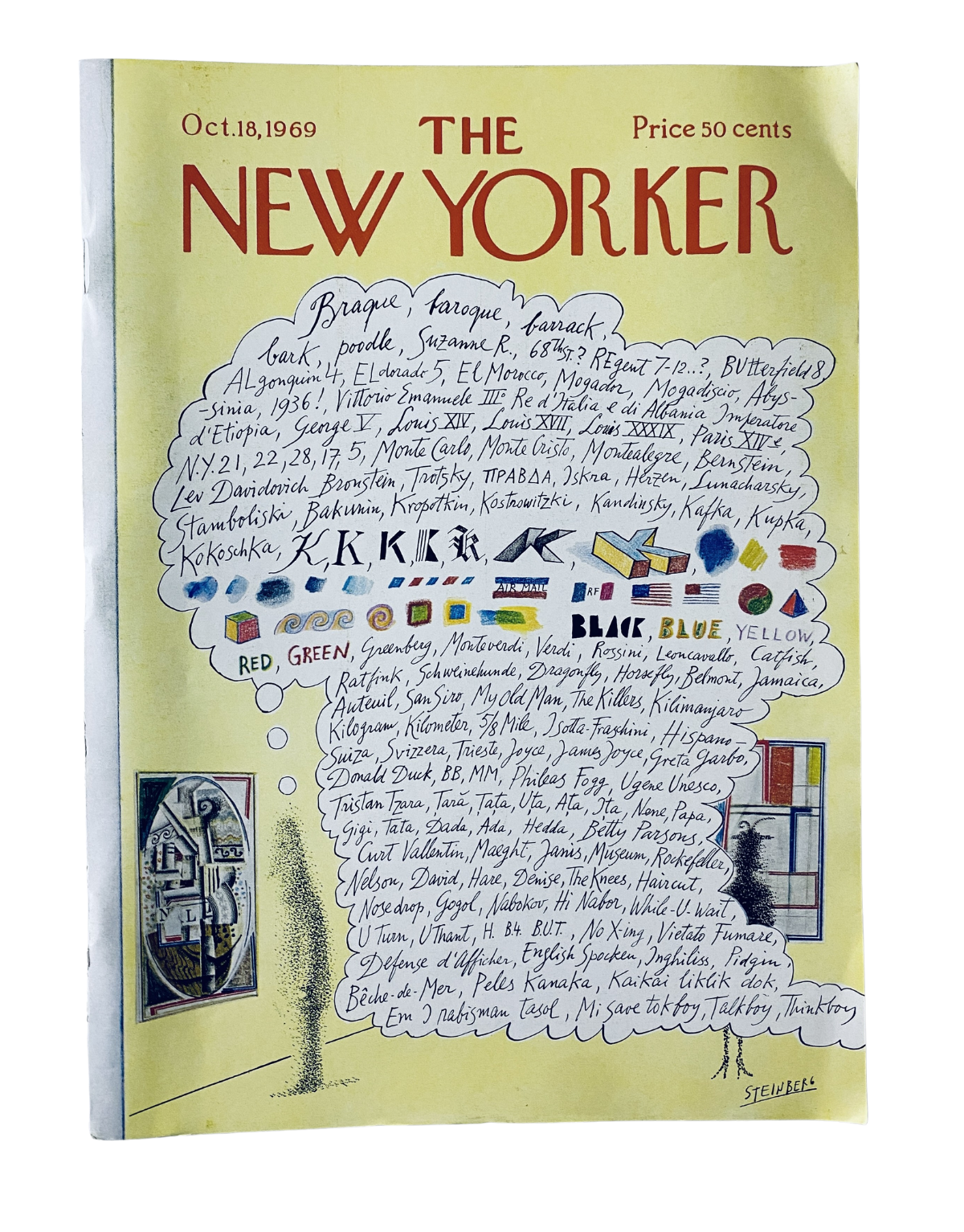 The New Yorker Magazine October 18, 1969 Saul Steinberg Thought Bubble Cover featuring colorful drawings and whimsical text, showcasing a unique artistic interpretation by Saul Steinberg.