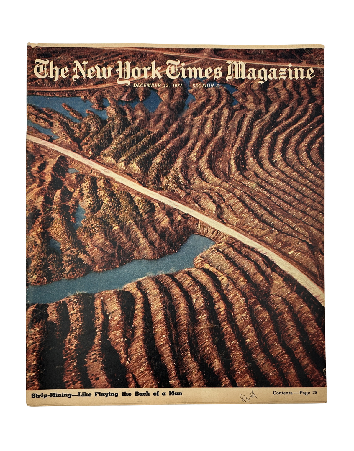 The New York Times Magazine December 12, 1971 cover featuring a striking aerial view of strip-mined land in Appalachia, highlighting the environmental impact of coal extraction.