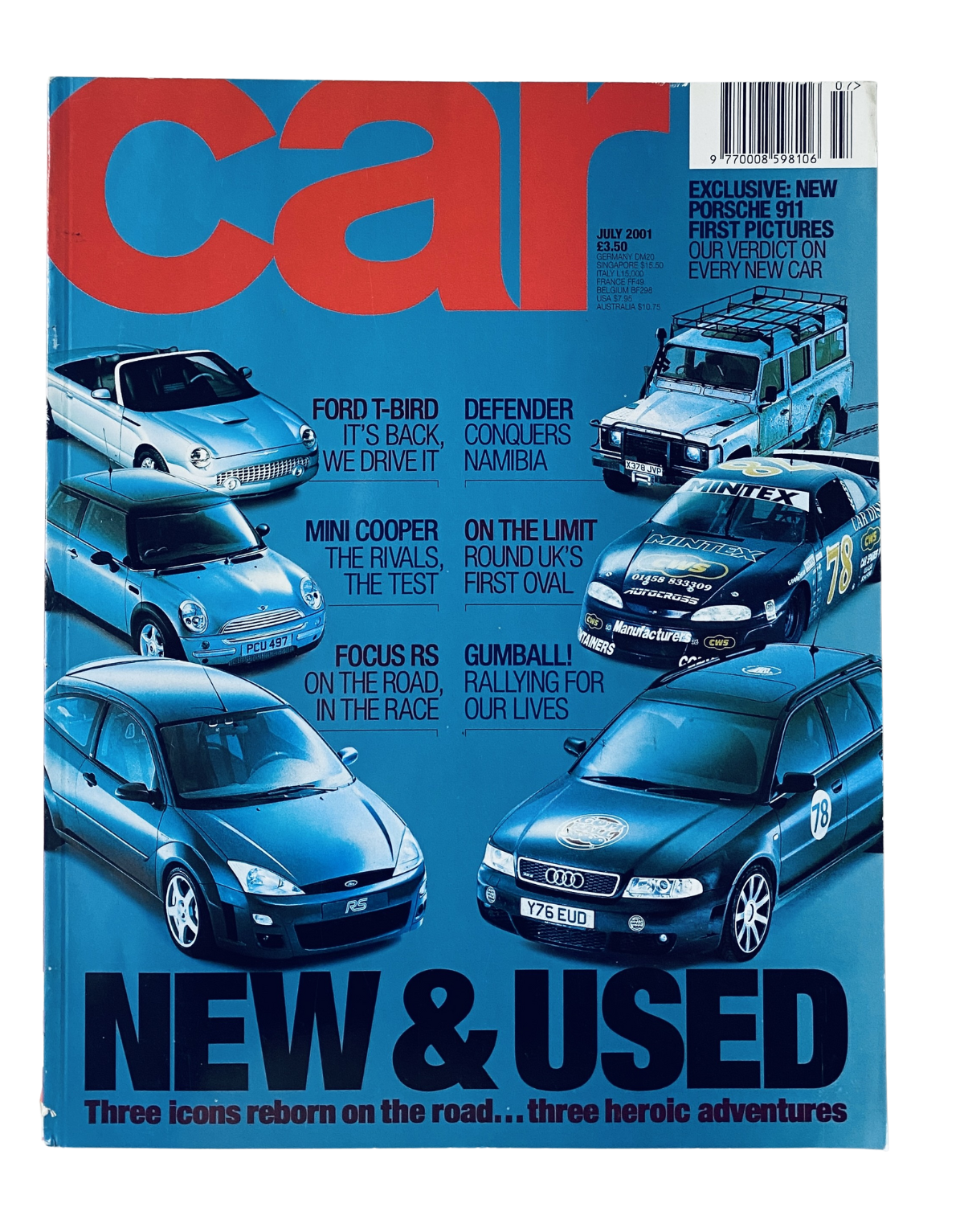 Cover of Car Magazine July 2001 featuring Ford Focus RS, Mini Cooper, and Defender; highlights include Gumball Rally and reviews of new cars. New and Used cars showcased in the headline.
