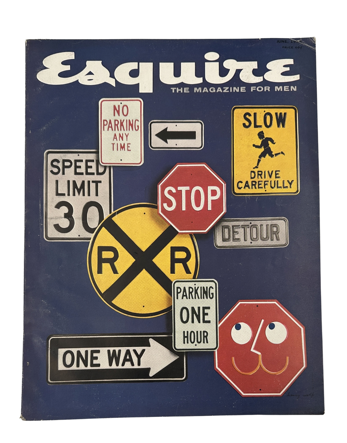Cover of Esquire Magazine June 1956 featuring a collage of road signs including 'No Parking', 'Slow', 'Stop', and others, with the title 'Esquire: The Magazine for Men', highlighting Silvana Pampanini and antique cars.