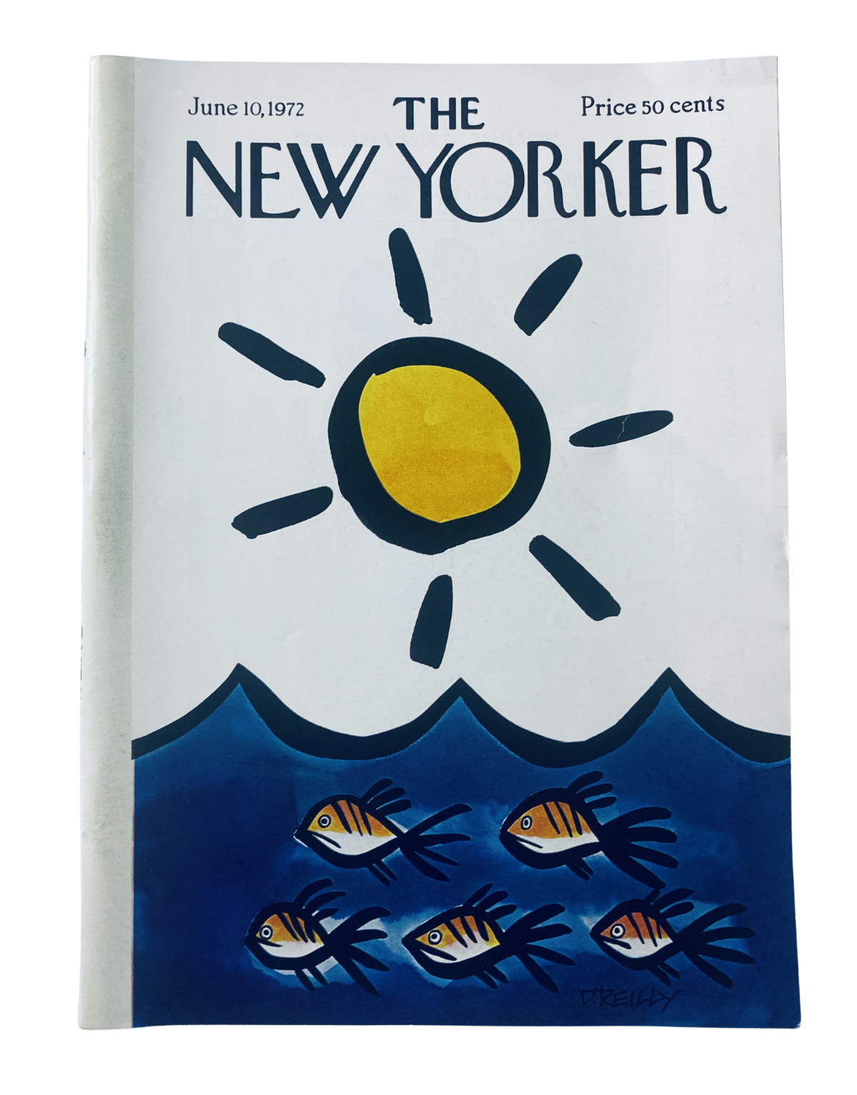The New Yorker Magazine June 10, 1972 cover featuring a sunny illustration with a bright yellow sun and blue ocean waves, showcasing stylized fish swimming below. This edition is from Donald Reilly.