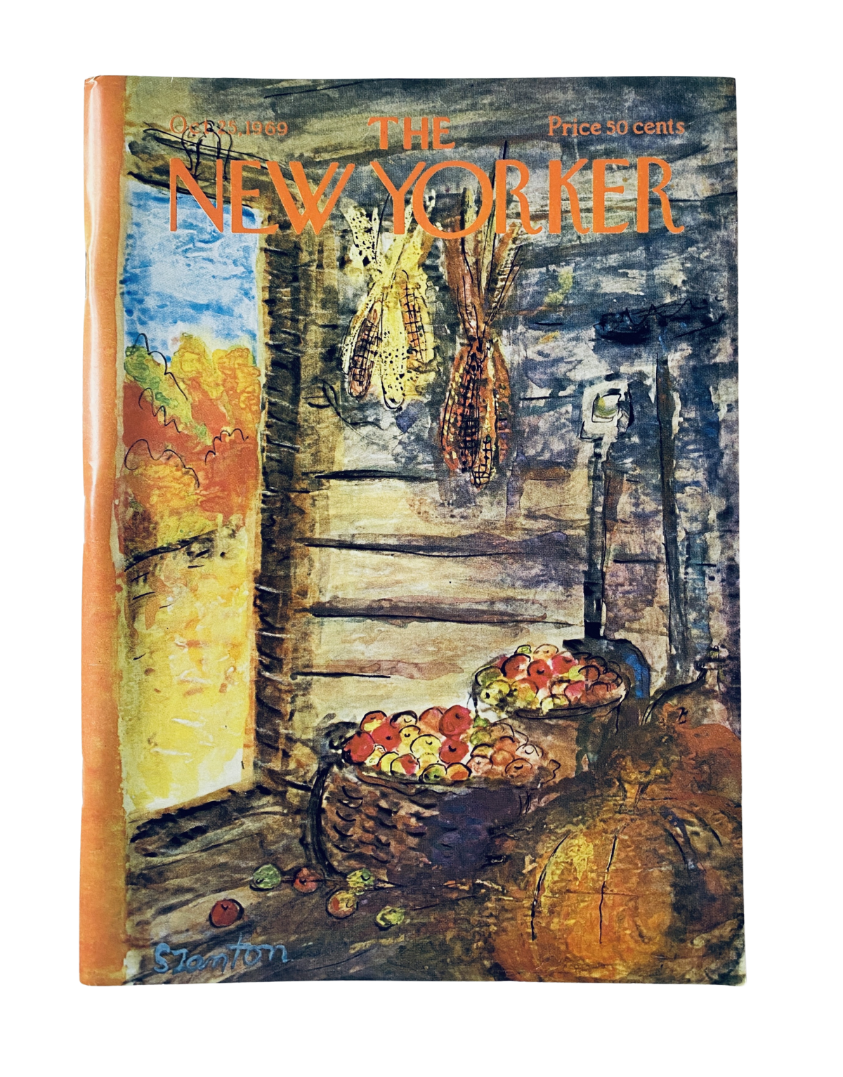 The New Yorker Magazine October 25, 1969 cover featuring a harvest still life painting by Beatrice Stanton, showcasing vibrant autumn colors and a rustic background with fruits in a basket.