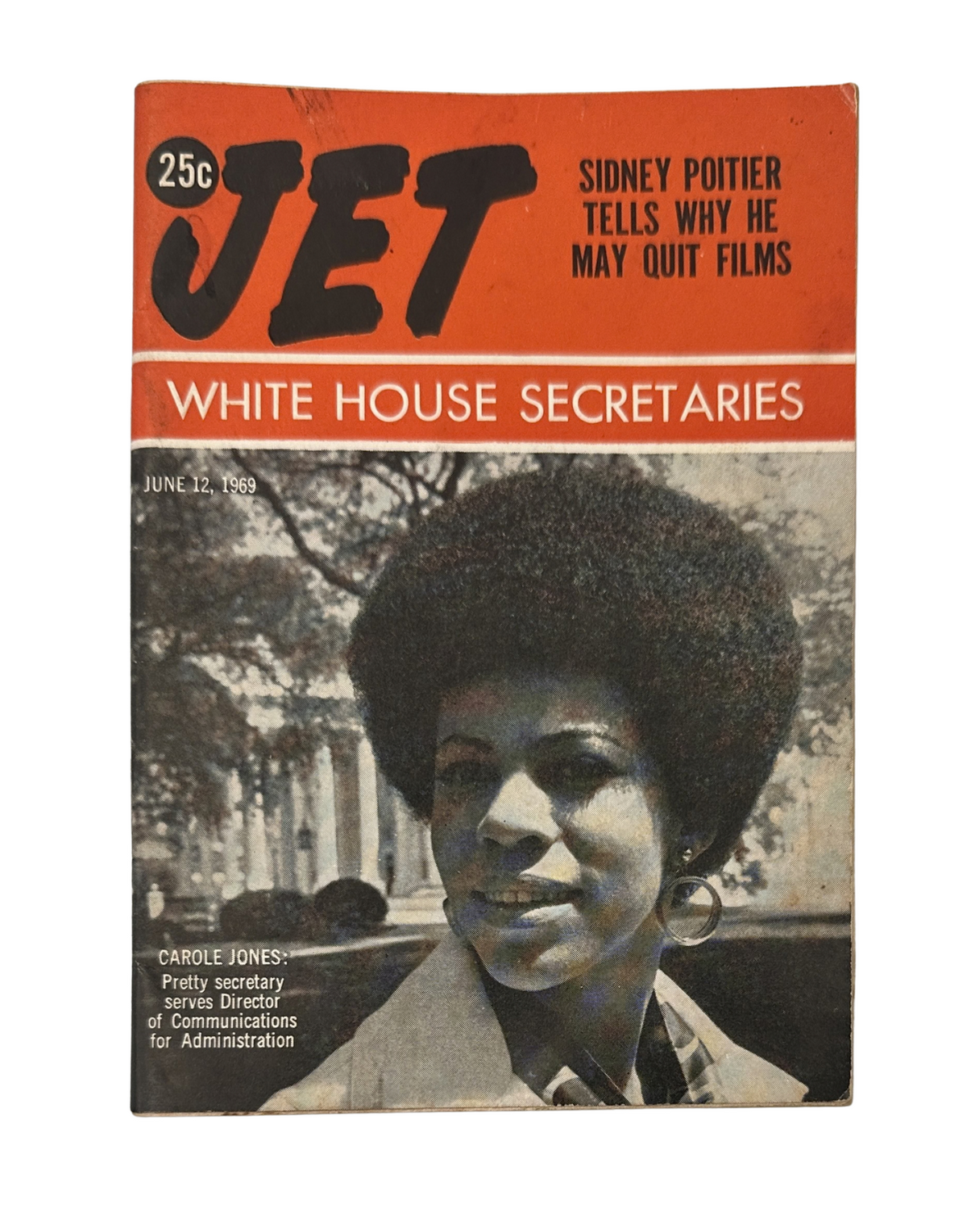 Jet Magazine cover from June 12, 1969 featuring Sidney Poitier and White House Secretaries, highlighting important discussions on civil rights and politics.