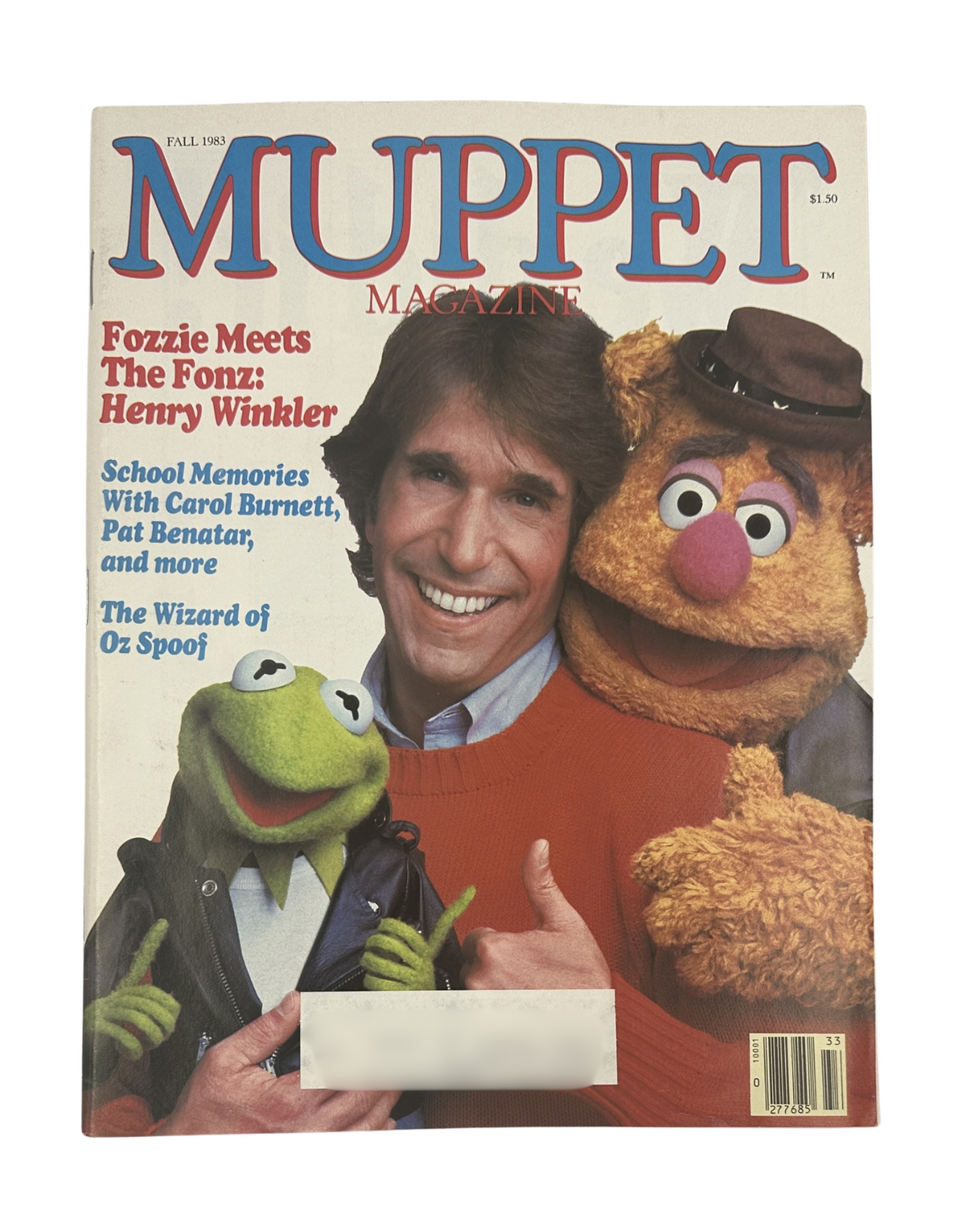 Muppet Magazine Fall 1983 featuring Fozzie Bear alongside Henry Winkler as The Fonz. The cover includes Kermit the Frog, emphasizing nostalgia and humor. Perfect for fans of classic Muppet content.