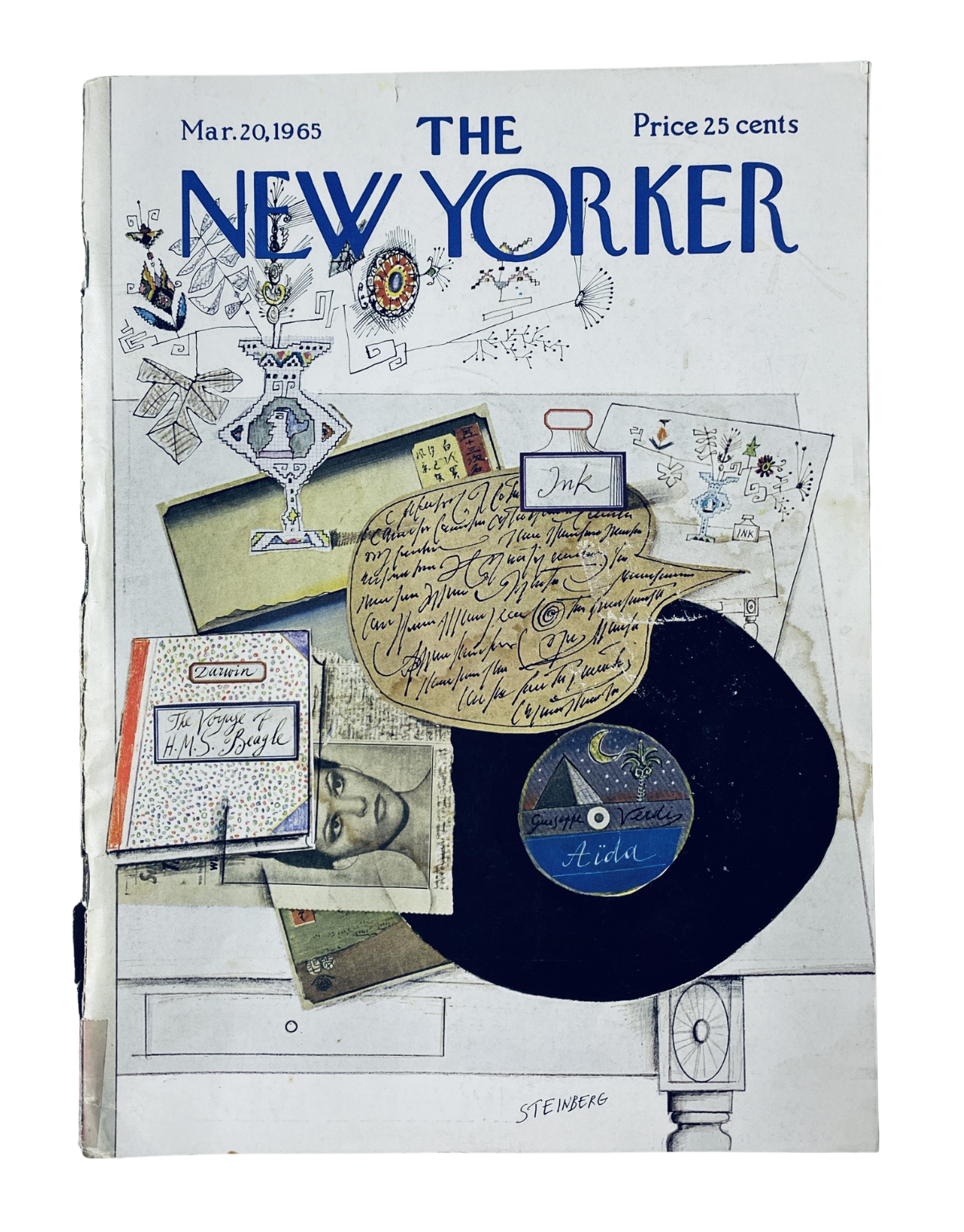The New Yorker Magazine March 20, 1965 cover featuring a Saul Steinberg design with a music collage theme, showcasing a vinyl record and artistic elements.