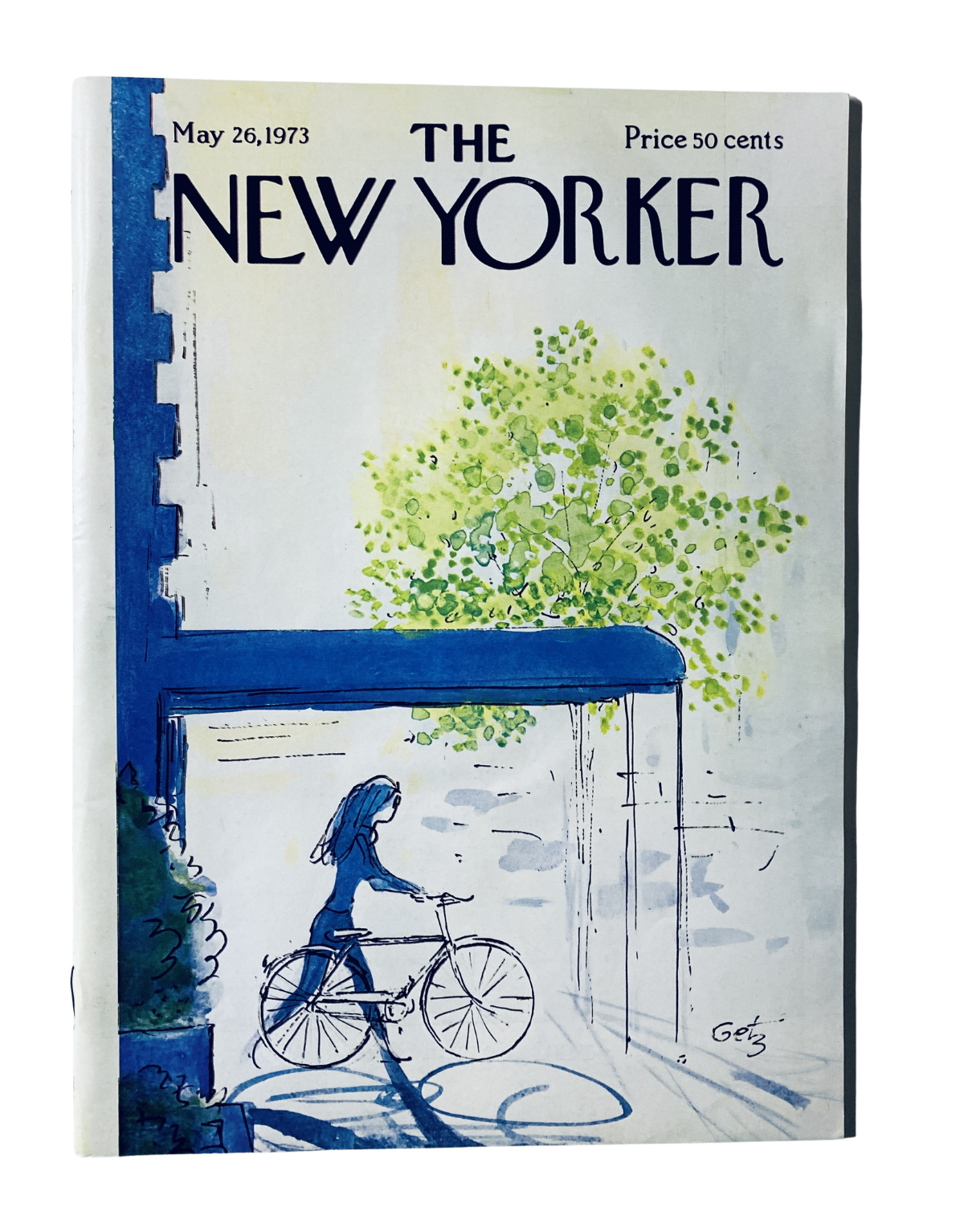 The New Yorker Magazine May 26, 1973 Arthur Getz Bicycle Cover featuring a woman riding a bicycle under a tree, showcasing classic vintage magazine art.