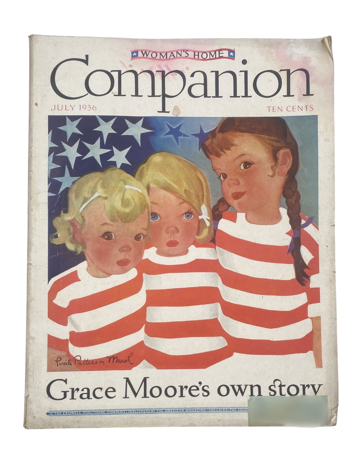 Cover of Woman’s Home Companion Magazine July 1936 featuring three children in red and white striped shirts, depicting a patriotic theme with an American flag backdrop.