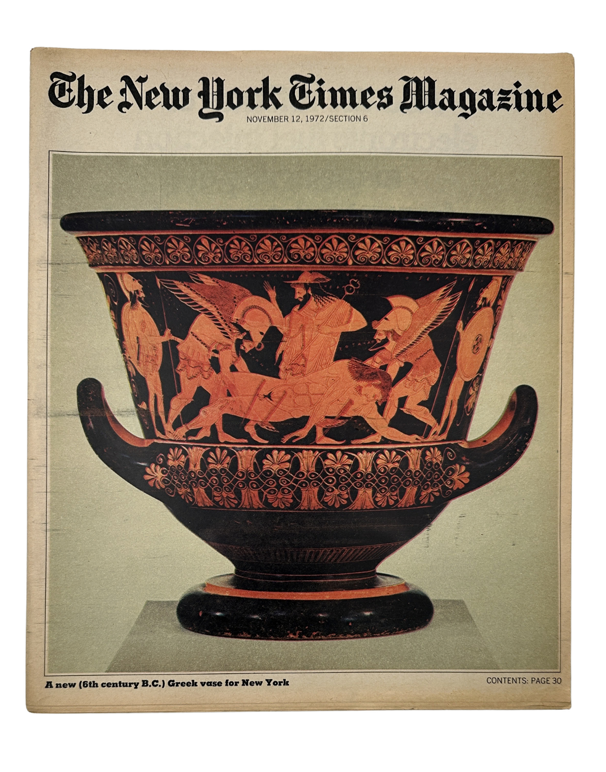 Cover of The New York Times Magazine from November 12, 1972, featuring a 6th century B.C. Greek vase depicting the story of Sleep and Death tending Sarpedon's body, with text on the cover noting its significance.