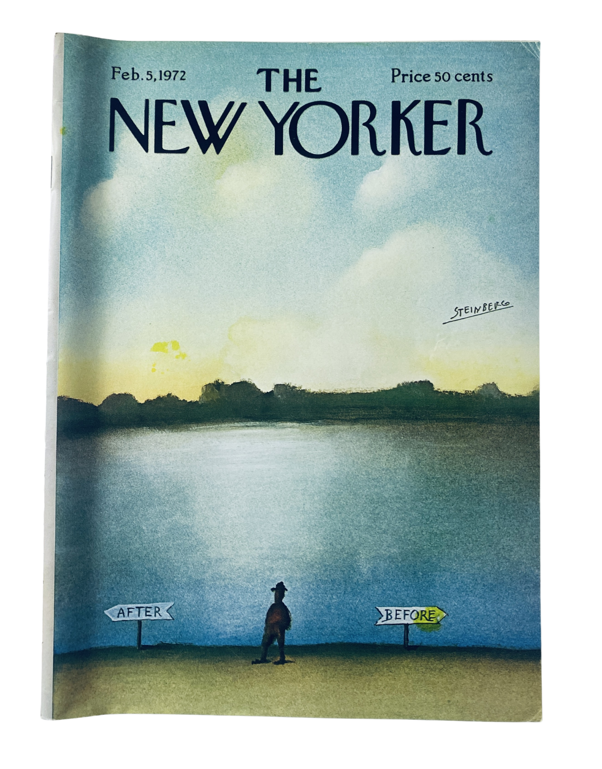 Cover of The New Yorker Magazine February 5, 1972 featuring artwork by Saul Steinberg, depicting a serene lake horizon with a figure standing before the water.