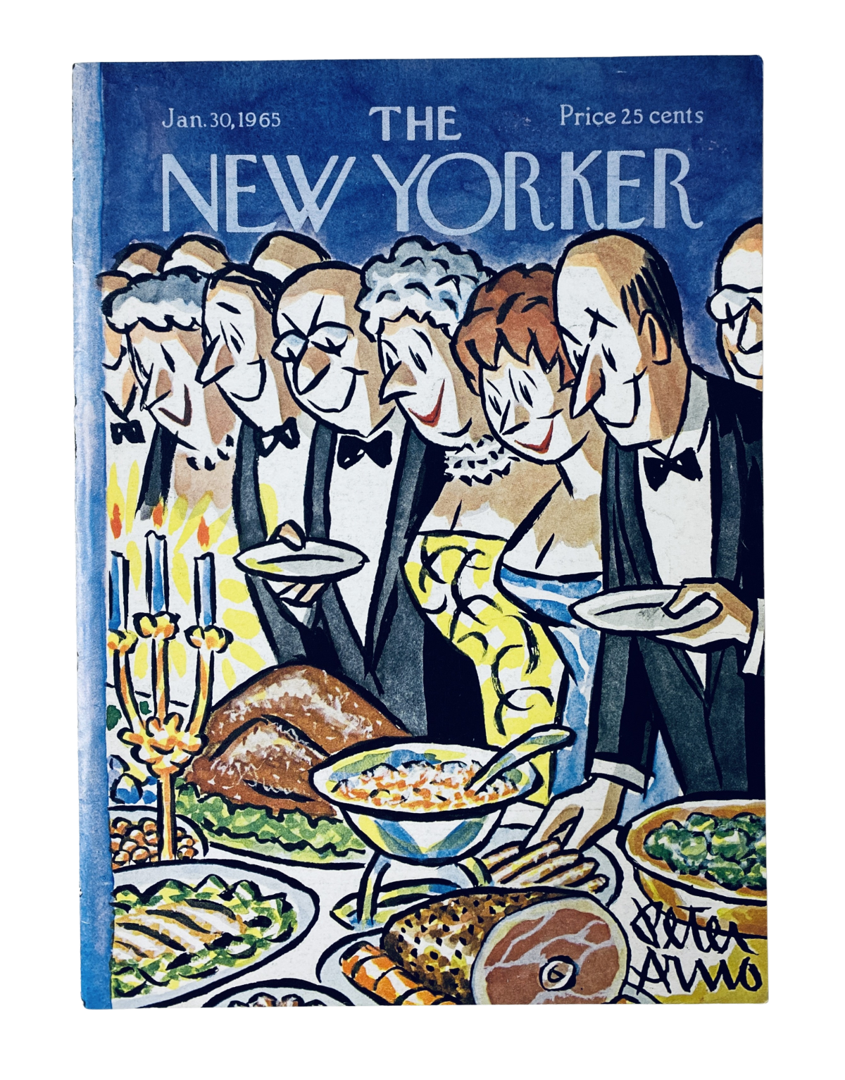 Cover art of The New Yorker magazine from January 30, 1965, featuring a dinner party scene illustrated by Peter Arno, showcasing elegantly dressed guests enjoying a meal with an array of gourmet dishes.