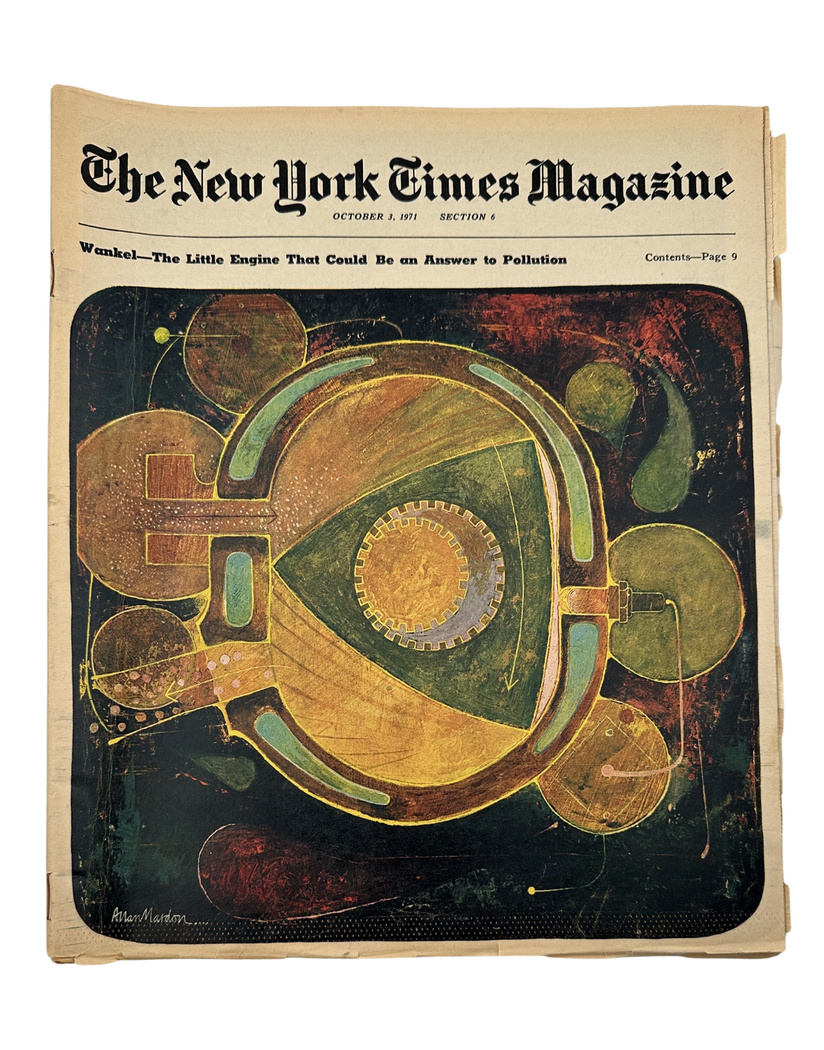 The New York Times Magazine October 3, 1971 cover featuring an artistic representation of the Wankel rotary engine, with vibrant colors and elements symbolizing automotive innovation and environmental solutions.