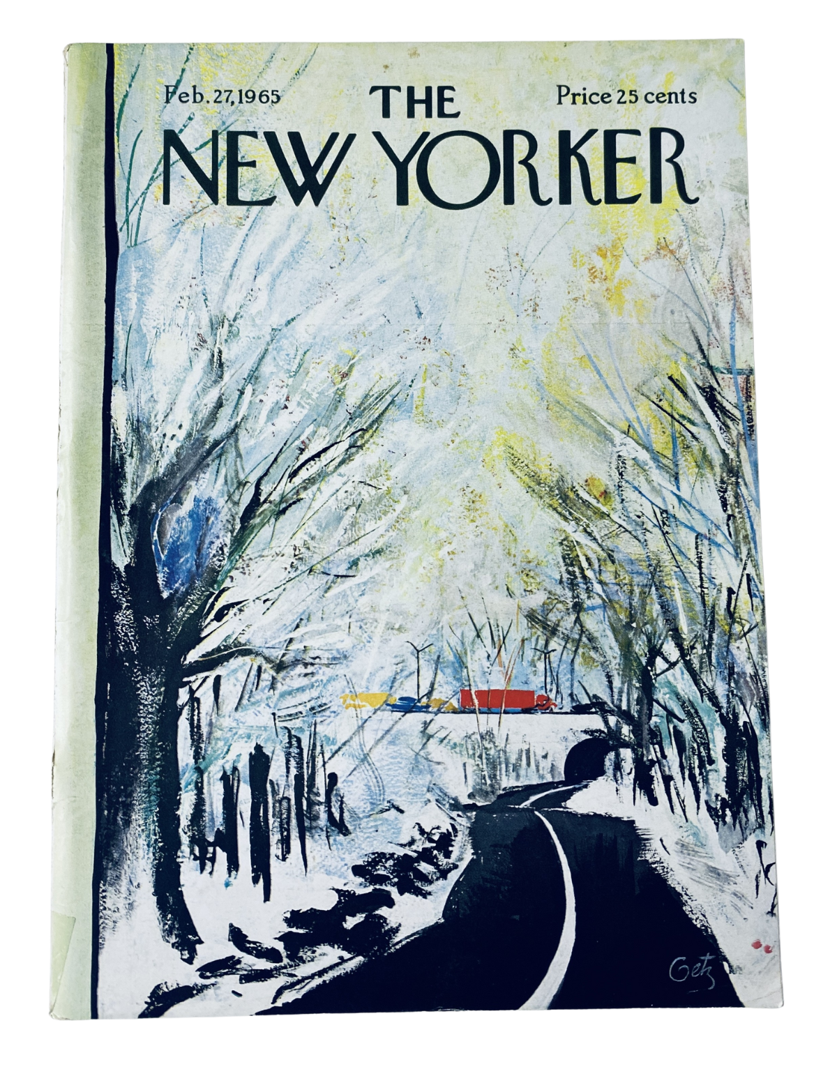 Cover of The New Yorker Magazine dated February 27, 1965, featuring a winter landscape art illustration by A. Getz with a winding road among snow-covered trees.