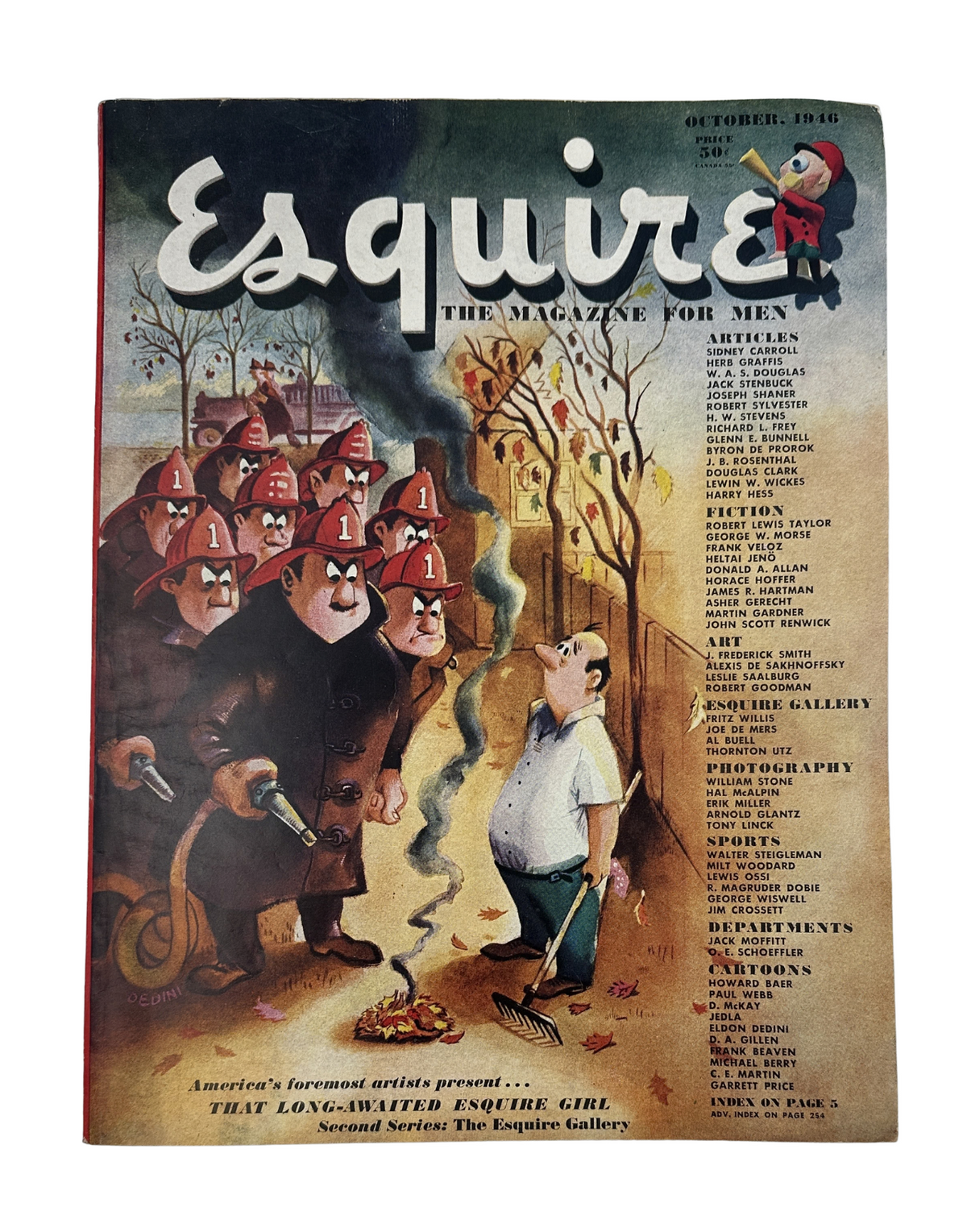 Cover of Esquire Magazine, October 1946, featuring cartoon illustration with firefighters and a quaint scene. Highlights include articles on various topics such as the Esquire Girl and more.