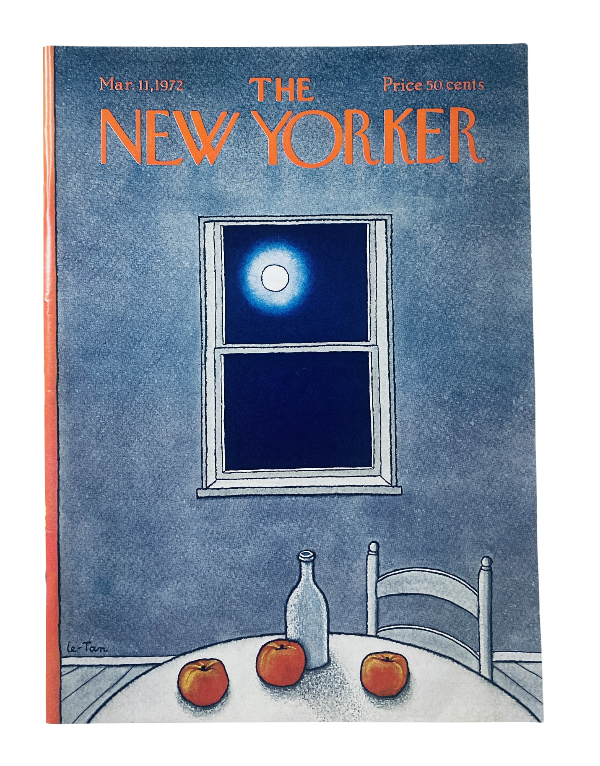 Cover of The New Yorker magazine, March 11, 1972, featuring a moonlit window with a blue background and a table with apples and a bottle, illustrated by Pierre Le-Tan.