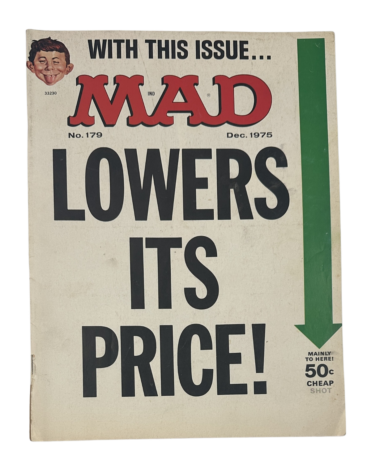 Cover of MAD Magazine No. 179 December 1975 featuring bold text 'LOWERS ITS PRICE!' and a cartoon character. This vintage magazine is graded Fine (FN 6.0) and showcases typical light reading wear.