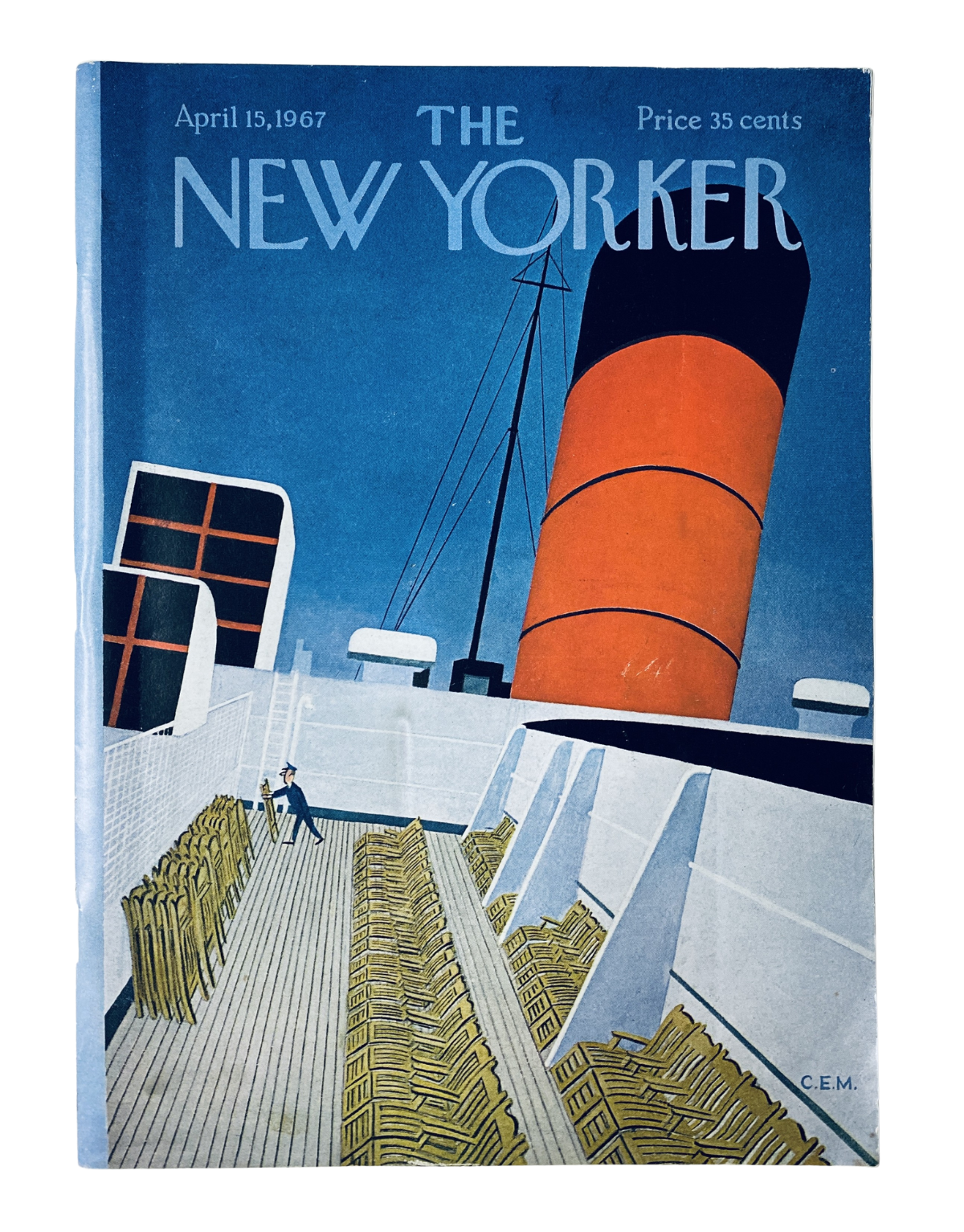 The New Yorker Magazine April 15, 1967 cover featuring an ocean liner deck illustration with a blue sky and an orange funnel, in very good condition.