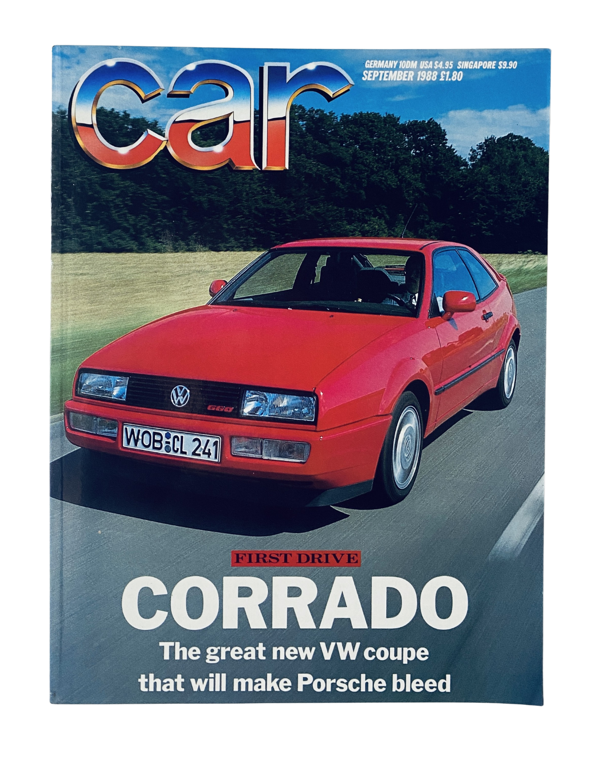Car Magazine September 1988 cover featuring the VW Corrado with the headline 'First Drive' and a statement about the car being the great new VW coupe that will make Porsche bleed.