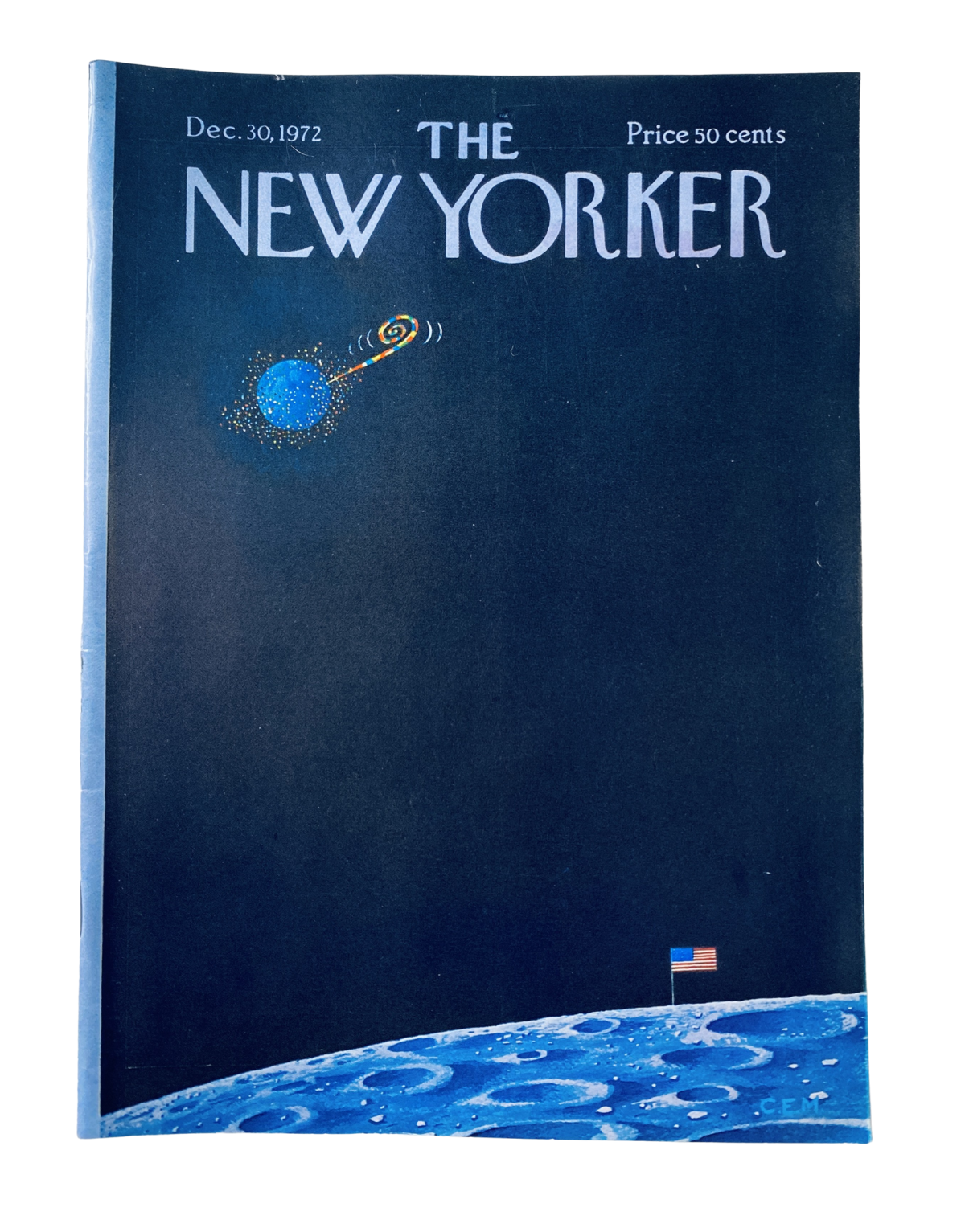 Cover of The New Yorker Magazine December 30, 1972 featuring a space theme illustration by Charles E. Martin, showcasing the moon, Earth, and a spiral galaxy.