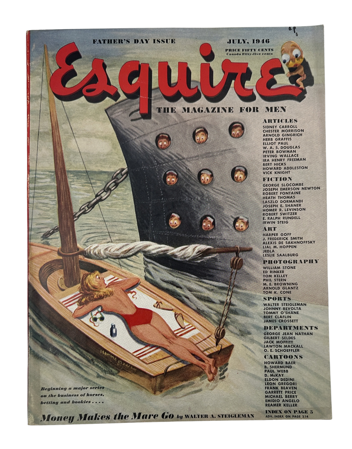 Cover of Esquire Magazine from July 1946 featuring a swimming scene, highlighted articles, and a nautical theme, titled 'Esquire: The Magazine for Men'.