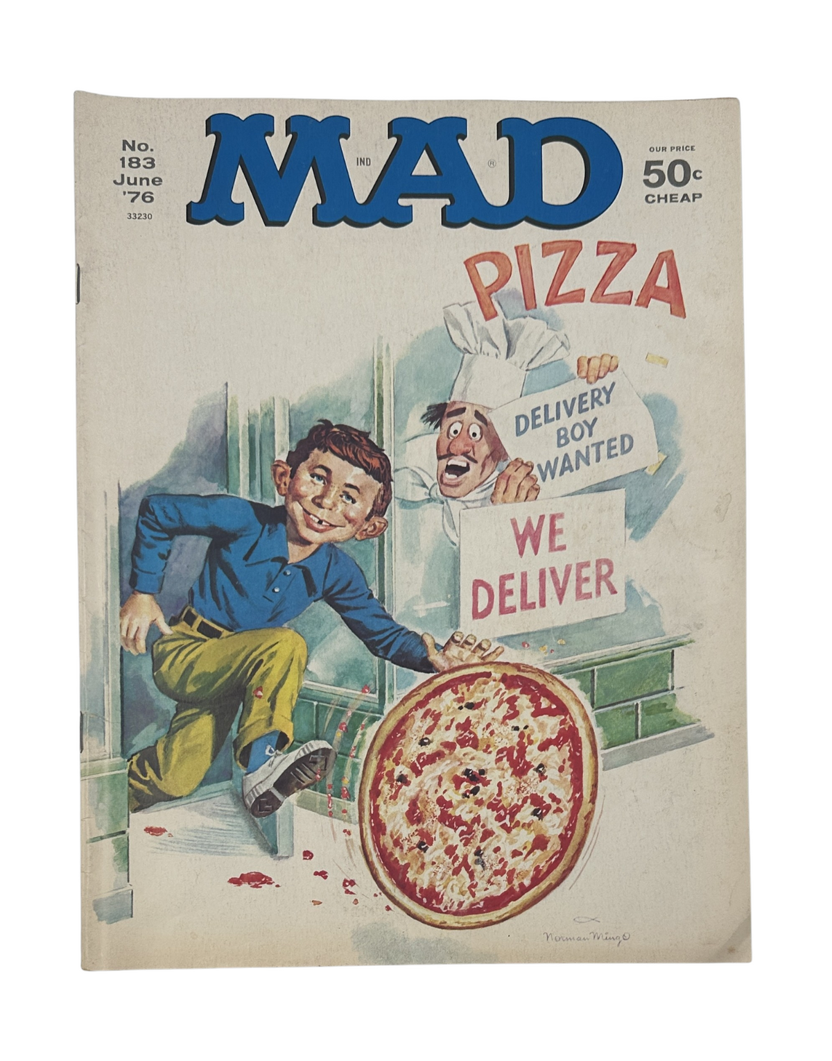 Cover of MAD Magazine No. 183 from June 1976 featuring a humorous pizza delivery scene with a boy and chef, showcasing vibrant artwork and retro design.