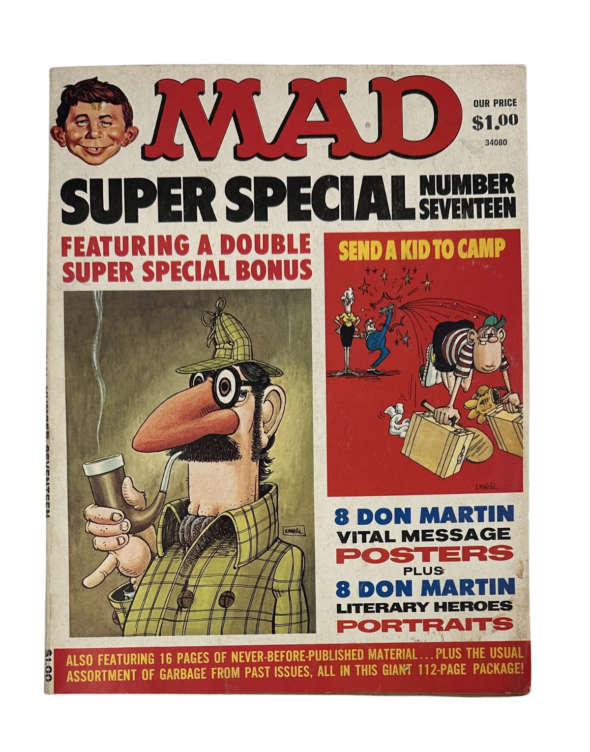 Cover of MAD Magazine Super Special 1975 No. 17 featuring a cartoon character with a mustache and a smoking cigarette, promoting a double super special bonus.