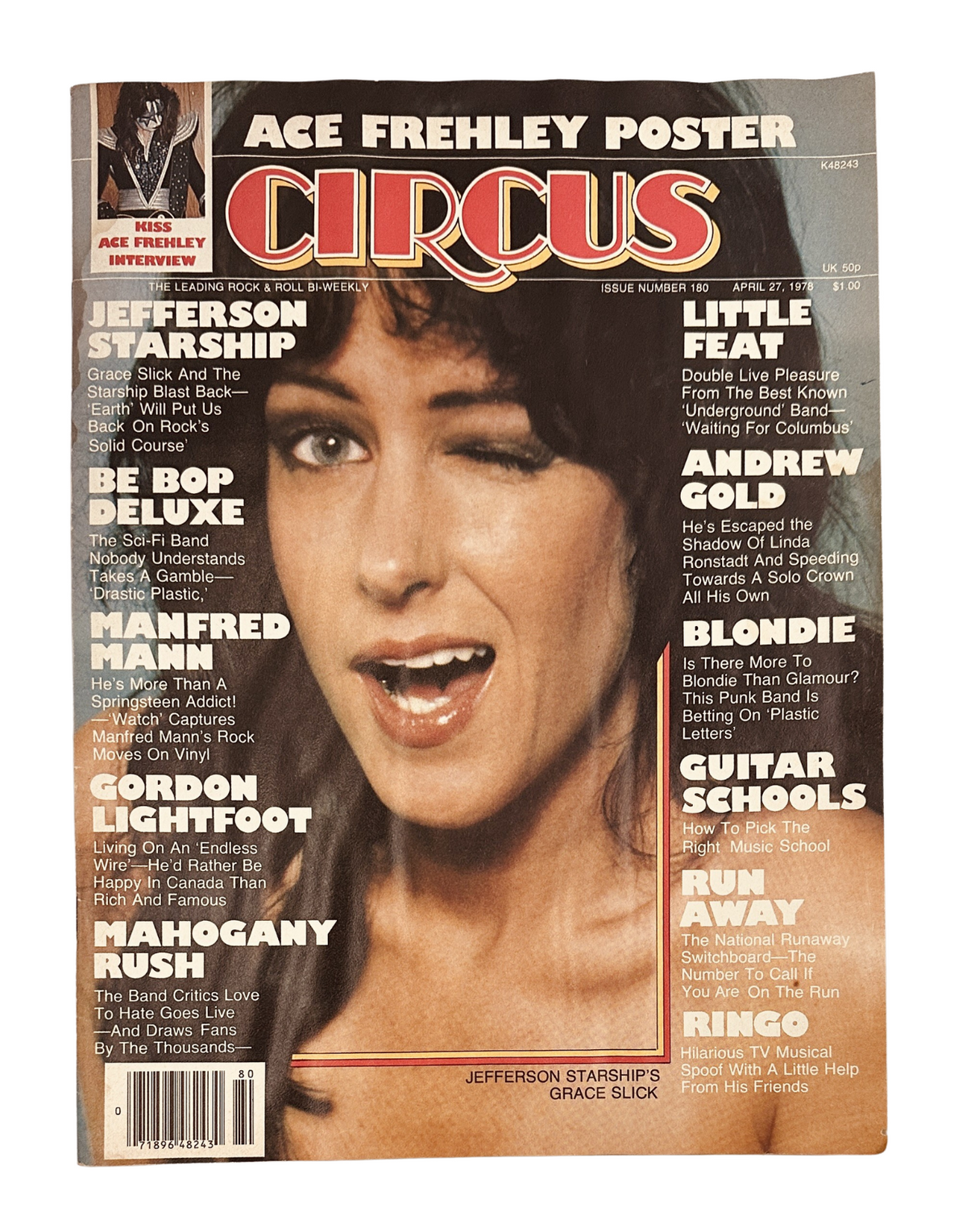 Cover of Circus Magazine, April 27, 1978 featuring Jefferson Starship and Grace Slick on the front, along with mentions of Blondie, Kiss, and other music features.