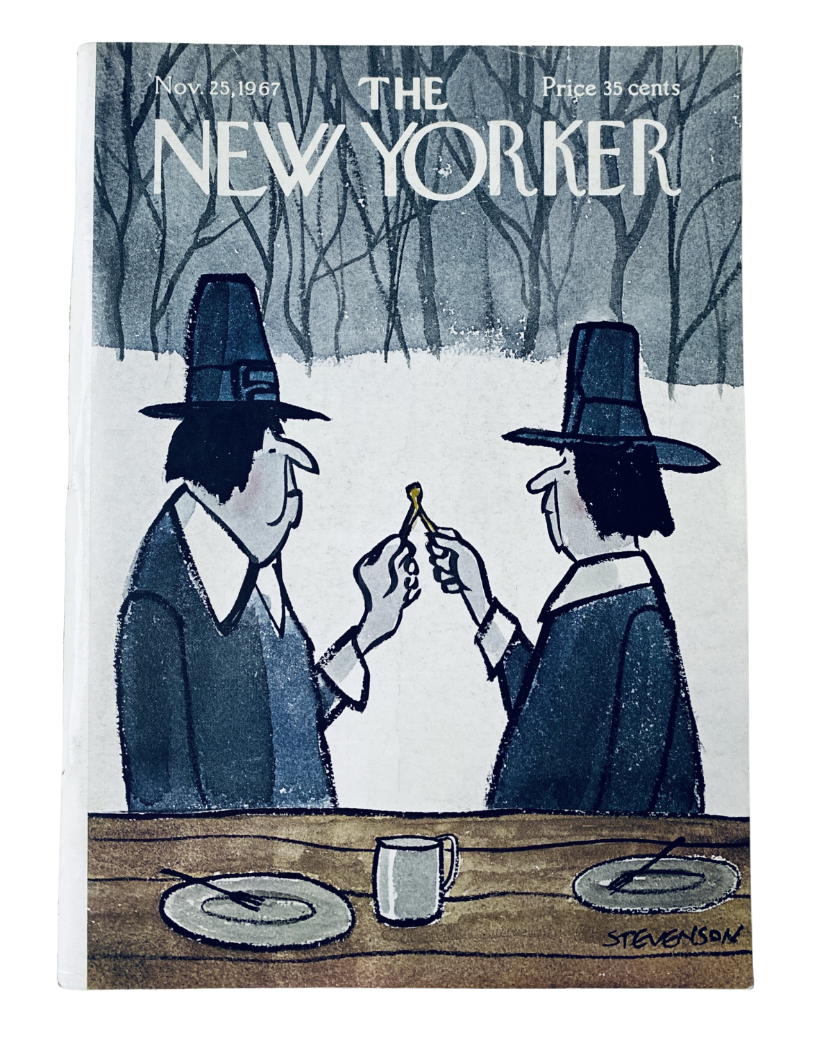 Cover of The New Yorker Magazine dated November 25, 1967 featuring a Thanksgiving theme with Pilgrims illustrated by J. Stevenson.