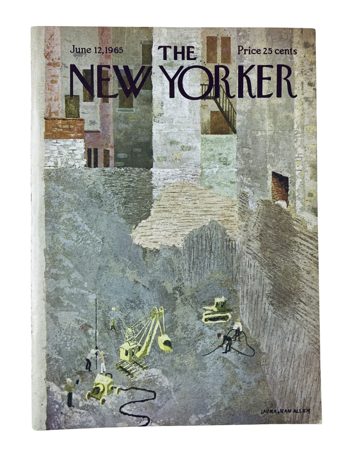 The New Yorker Magazine June 12, 1965 Urban Construction Cover featuring an illustration by Laura Jean Allen, depicting construction workers and machinery in an urban setting, showcasing the theme of city development.