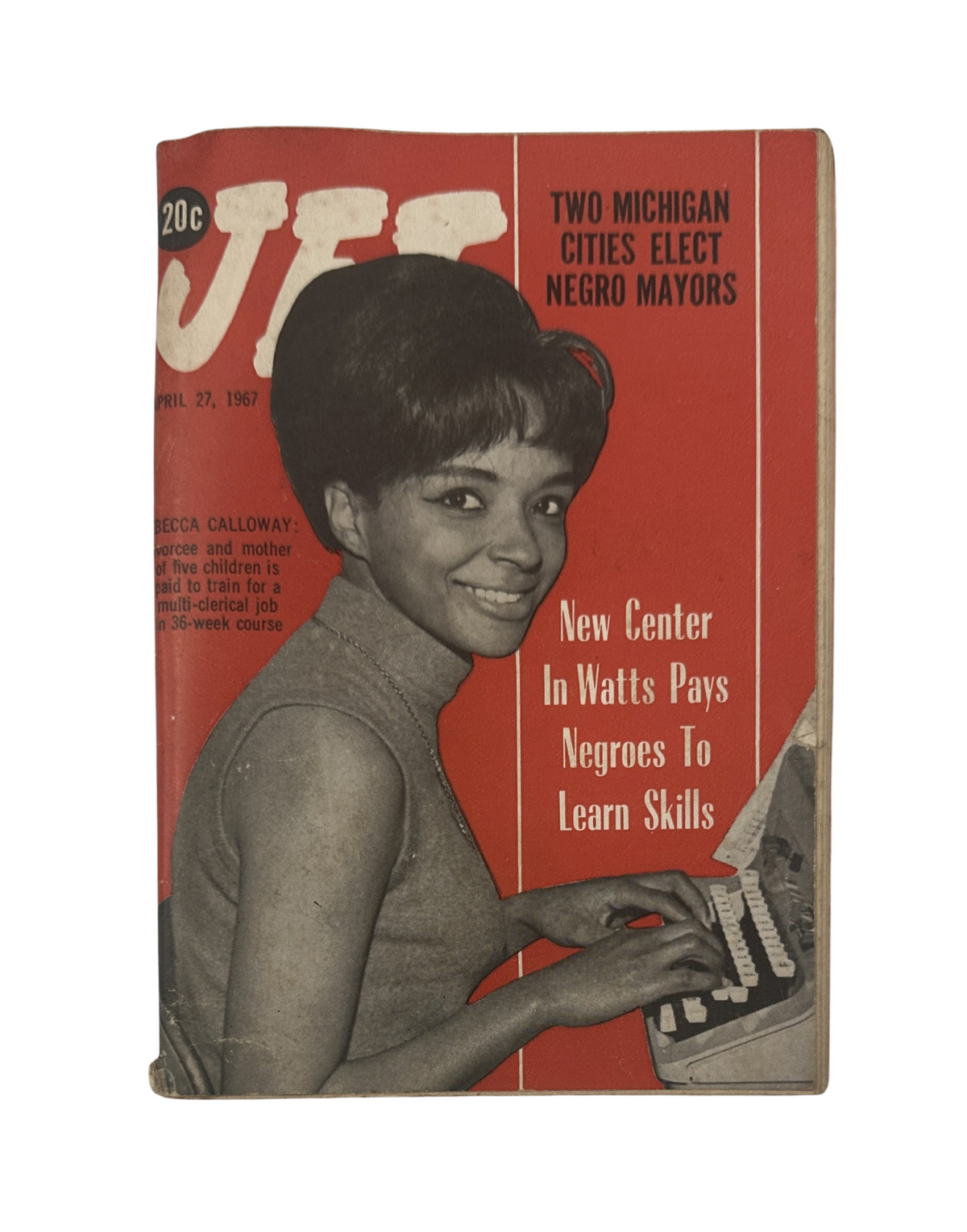 Jet Magazine April 27, 1967 cover featuring an article about the election of two Negro mayors in Michigan, highlighting Rebecca Calloway with a typewriter.